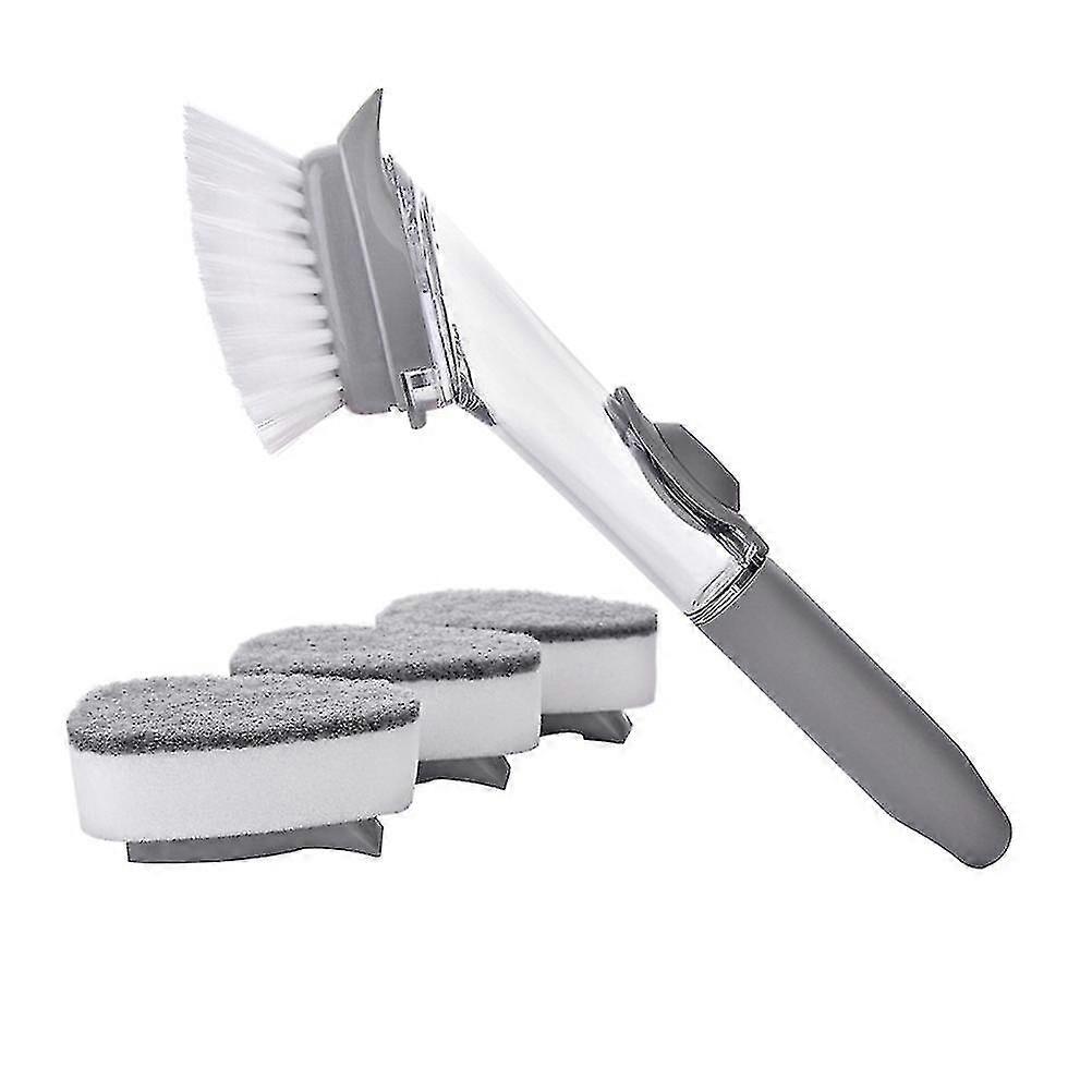 Long Handle Automatic Liquid Washing Cleaning Brush Portable Sponge Scrubbers Brush (1pc Head And 3pcs Sponges)