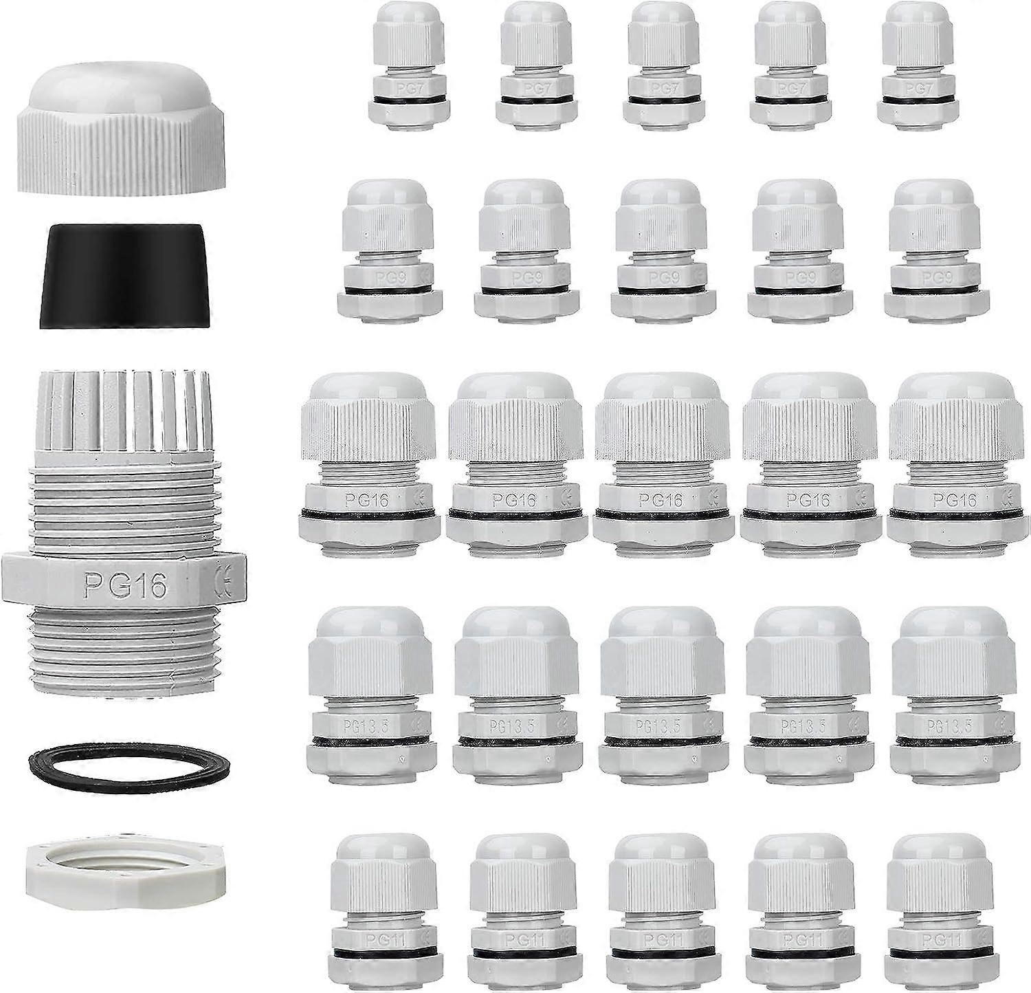 25パックIP68防水ケーブルグランド3-15mm調整可能なケーブルコネクタフィラーナットプラスチックワッシャーグレー