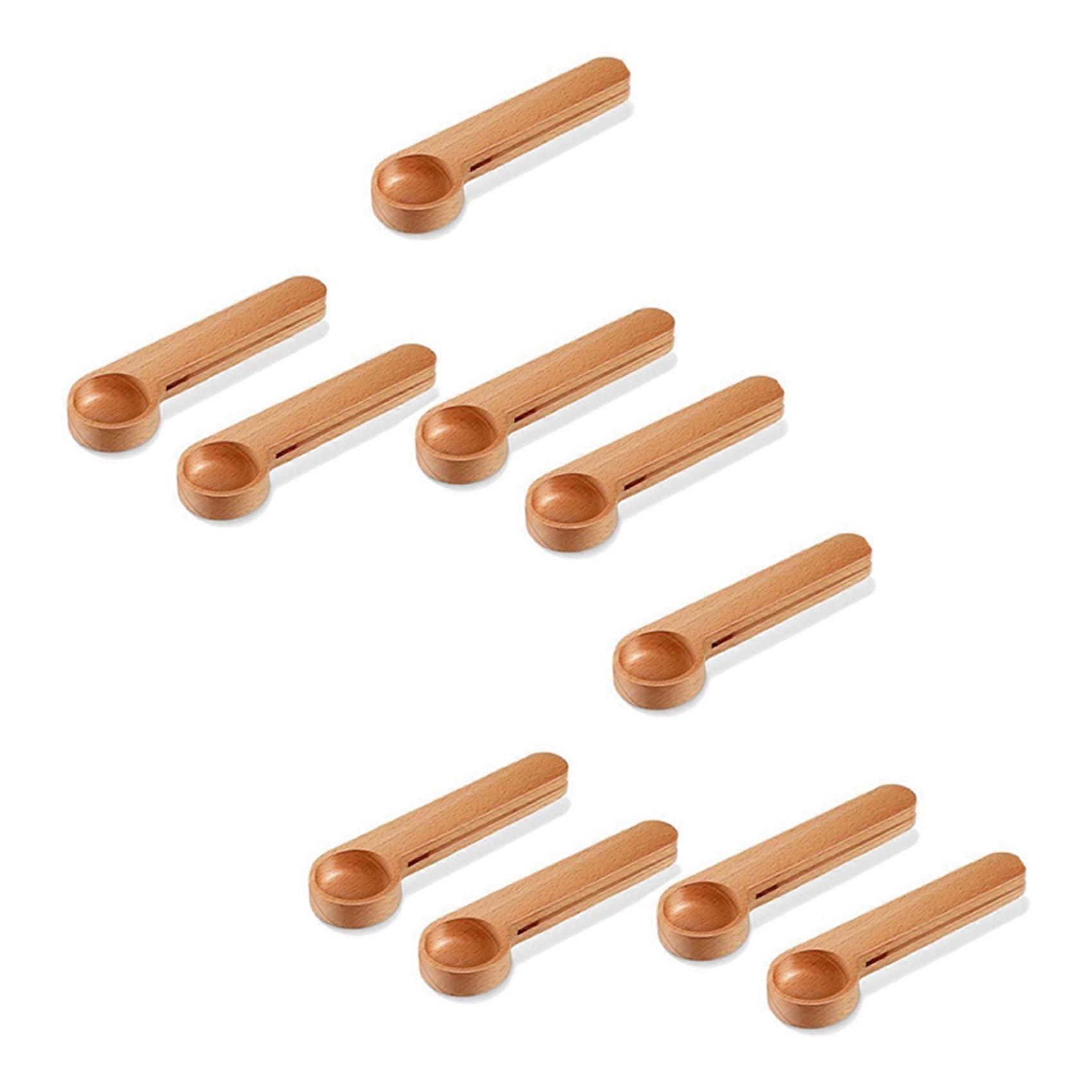10 Pcs Wooden Coffee Scoop and Bag Clip Measure Spoon 2-In-1 Bags Sealer Measuring Spoon for Beans