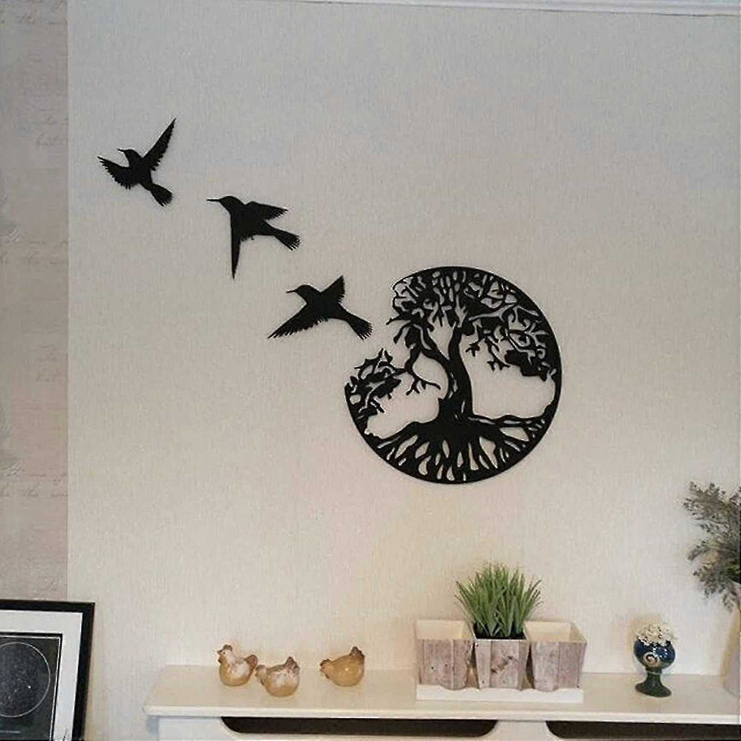 Black Metal Tree Of Life Wall Art-3 Flying Bird Wall Sculptures-modern Round Wall Decoration