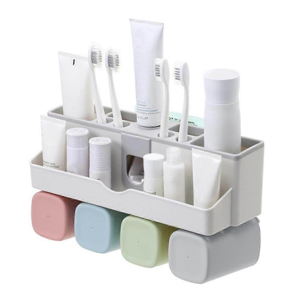 Large Capacity Toothbrush Holder Wall Mount Storage Rack with Automatic Toothpaste Dispenser