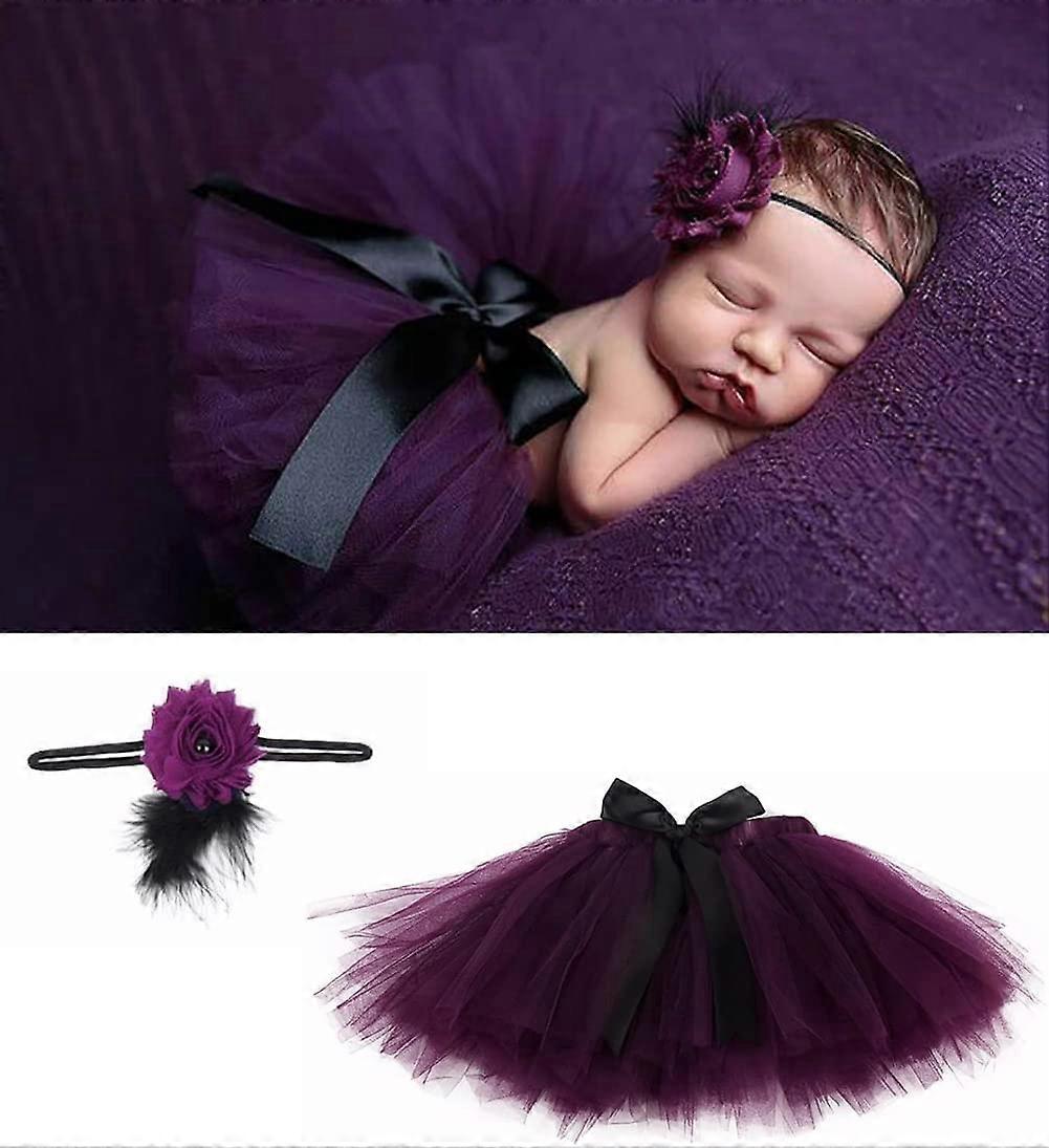 2pcs Newborn Baby Girl Tutu Skirt Clothes Ball Clothes Photo Prop Costume Set with Headband (Purple, Blue)