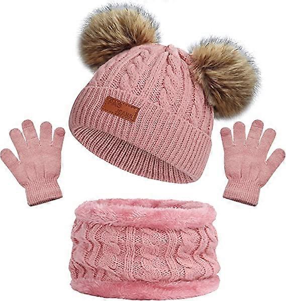 Enfants d’hiver chaud bonnet chapeau écharpe gants ensemble rose thermique tricot crochet épais moelleux bambin écharpe Double Pom Pom Bobble chapeau avec fausse fourrure pour les filles Bo