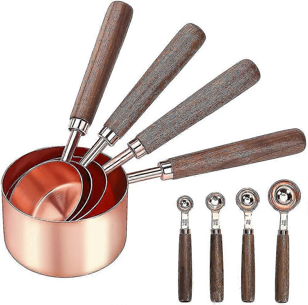 Measuring Cup And Spoon Set, Set Of 8, Walnut Handle, Engraved Measurements