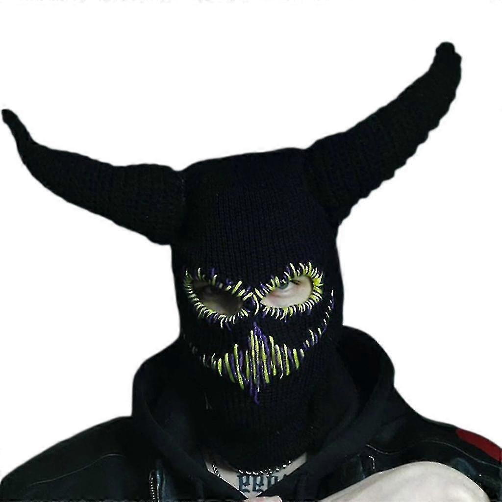 Women Knitted Caps With Devil Horns Halloween Horror Beanie Ski Mask For Men