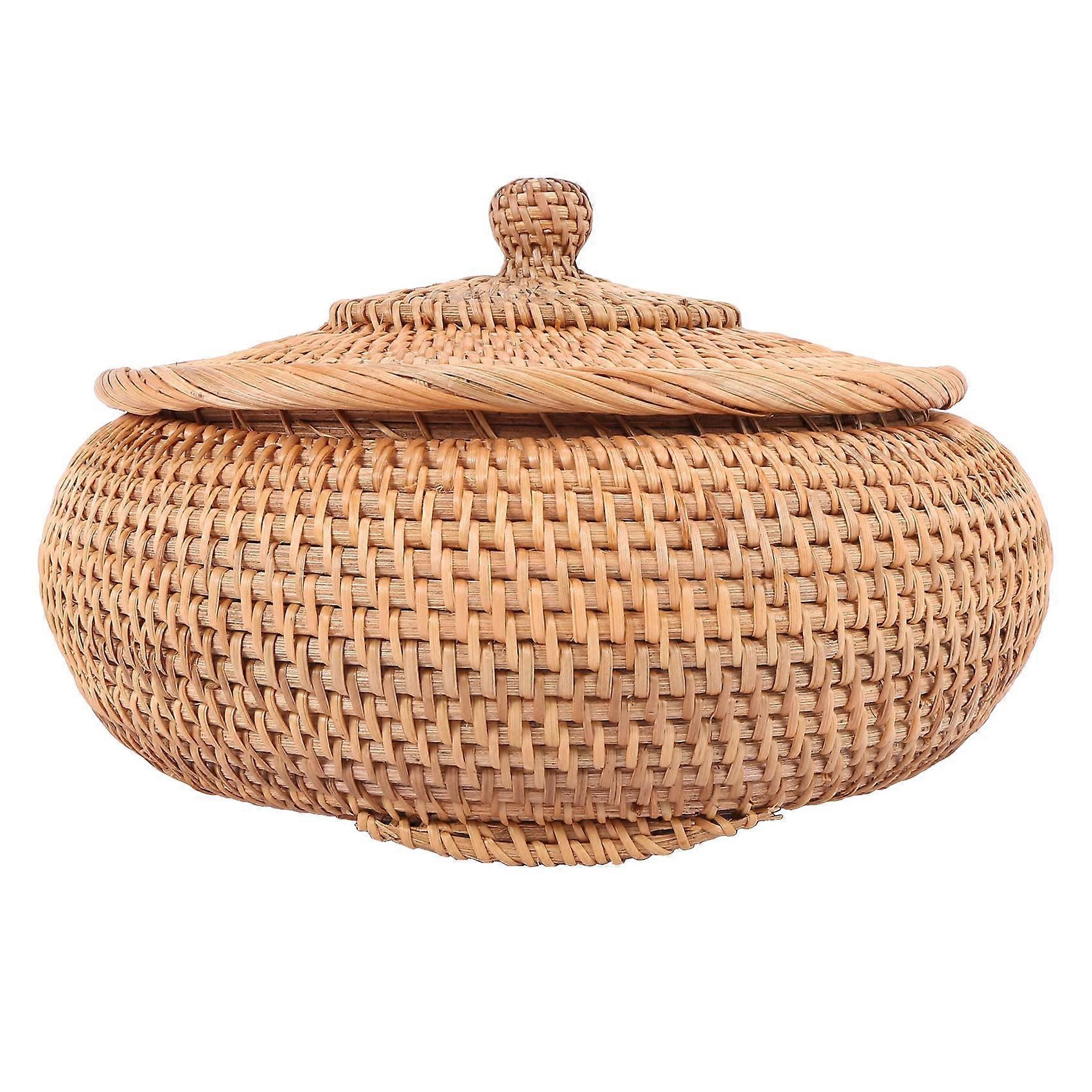 Rattan Boxes with Lid Hand-Woven Multi-Purpose Wicker with Durable Rattan Fiber Round 11 Inch Diame