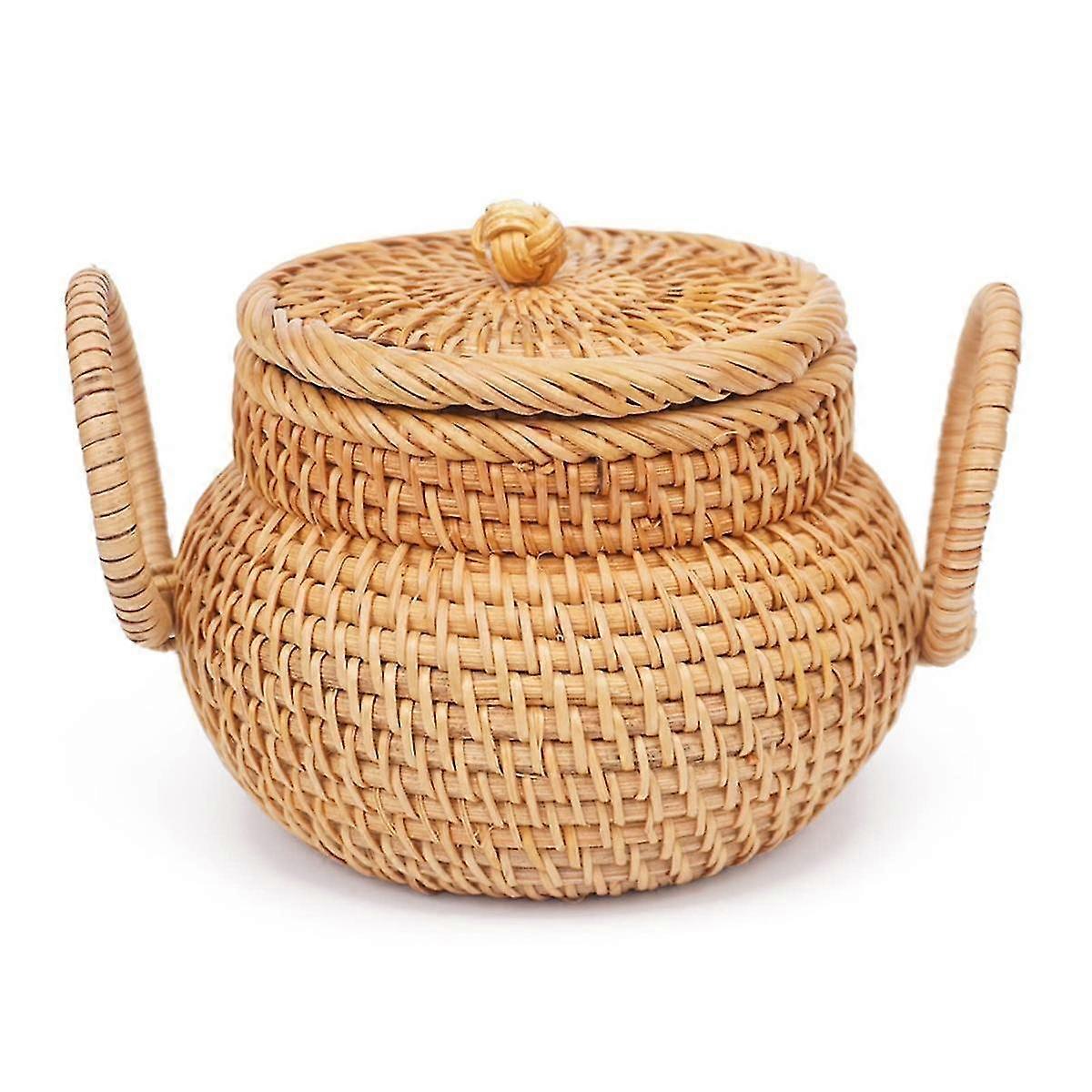 Small Rattan Basket with Lid, Rattan Basket Organizer with Handle, Candy Bowl Rustic Woven Basket for Shelf Table Office