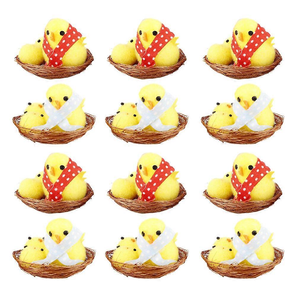 12Pcs Easter Mini Chicks in Nest Mini Fluffy Chicks Desktop Mini Chicken Decorations