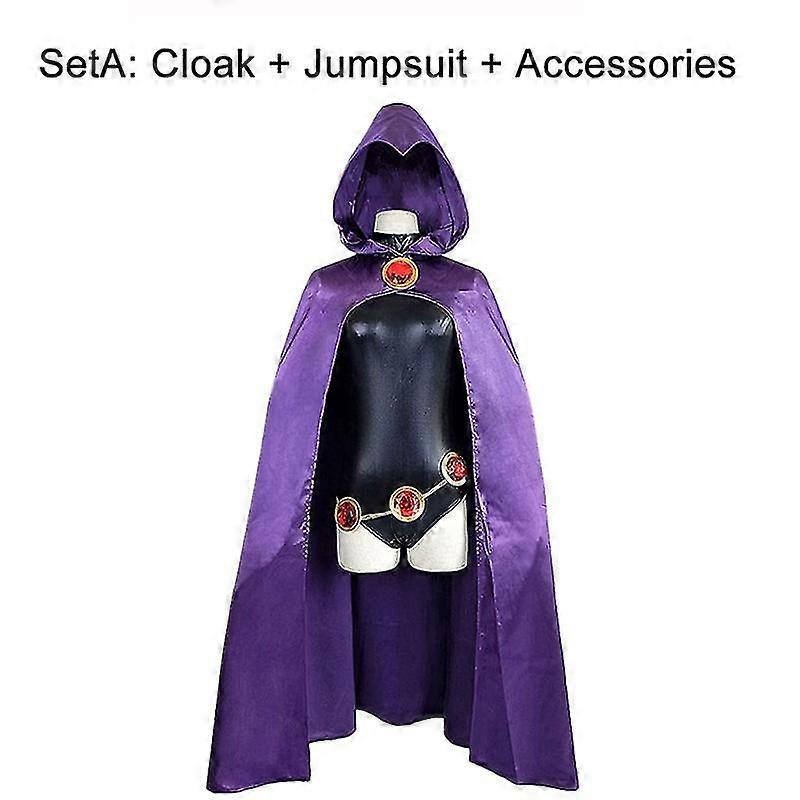 ティーンタイタンズスーパーヒーローレイヴンコスプレコスチューム女性ブラックボディスーツパープルフード付きマントジャンプスーツハロウィンパーティーコスチューム高品質