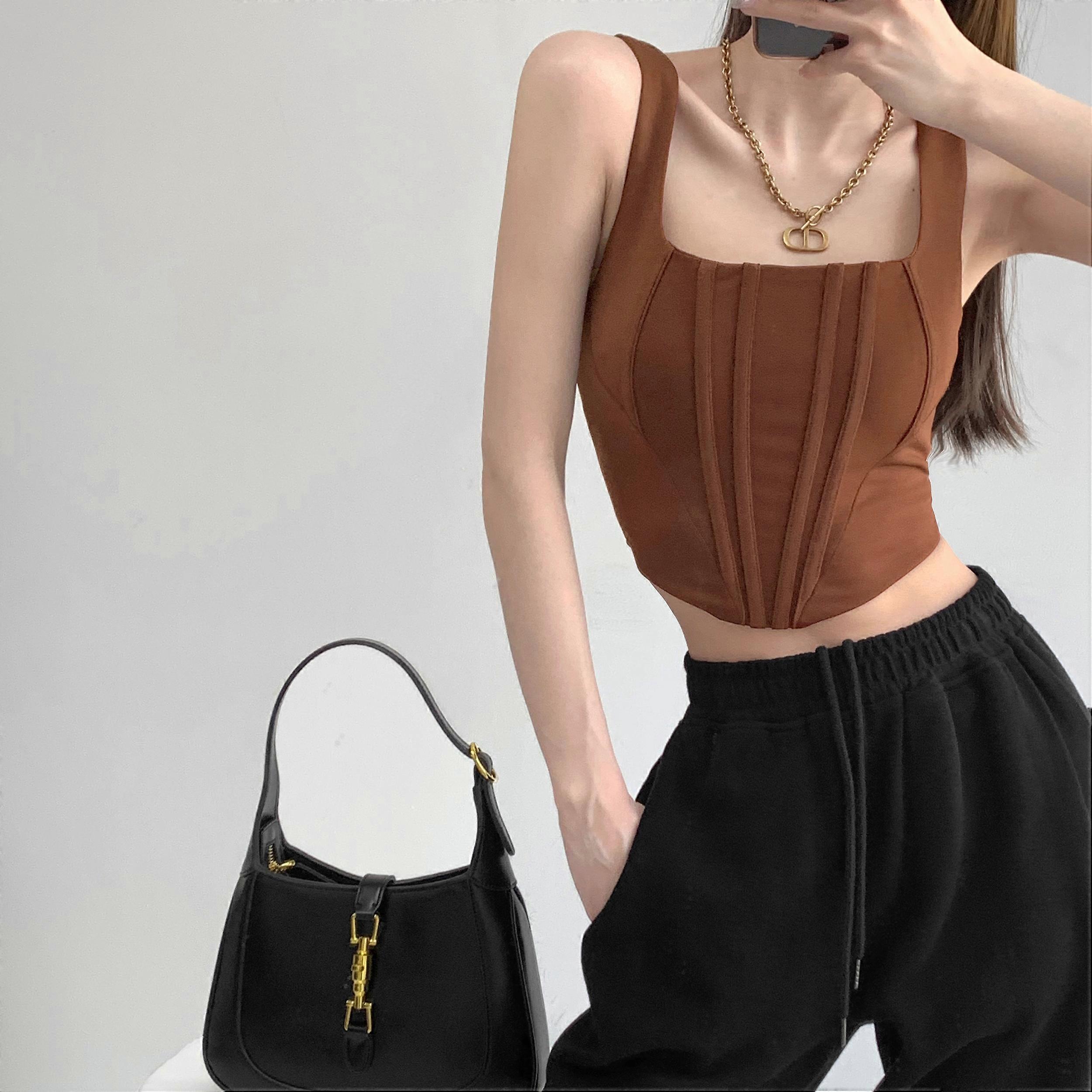 فتاة ساخنة مثير طوق مربع نحيف صالح عظم السمكة الخصر Camisole سترة نسائي الصيف قصير منحني الخصر أعلى العصرية