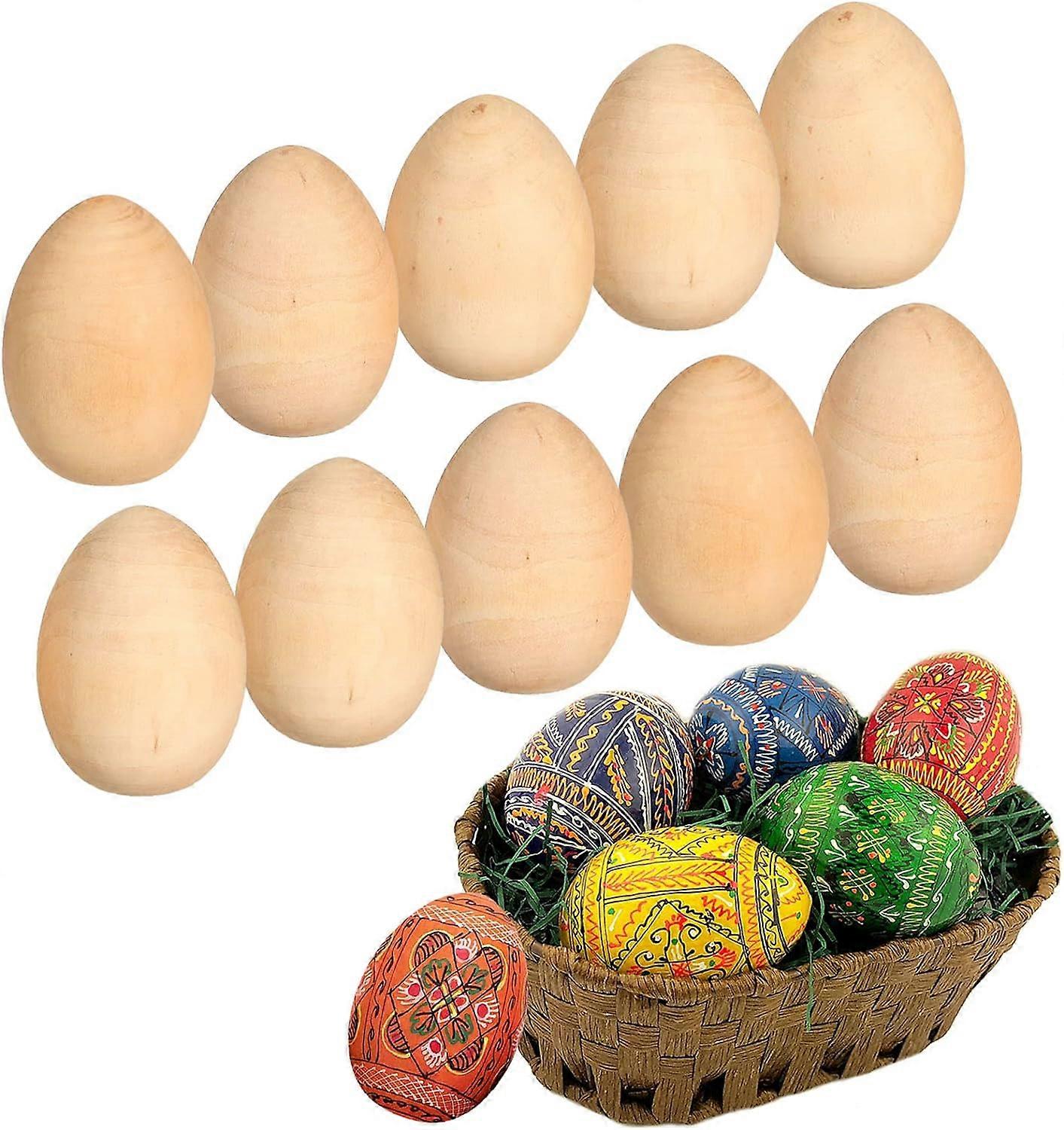 10 PACK Unfinished Wooden Fake Easter Eggs with Flat Bottom, Unpainted DIY Easter Craft Eggs, Easter Egg Ornaments for Kids Game, Toy Foods