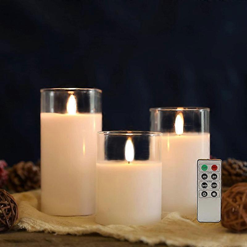 LED Flameless Glass Wax Candles, Set of 3 White Flickering Battery Candles with 8 Button Remote Control Timer Battery Operated Candles for Weddings Ch