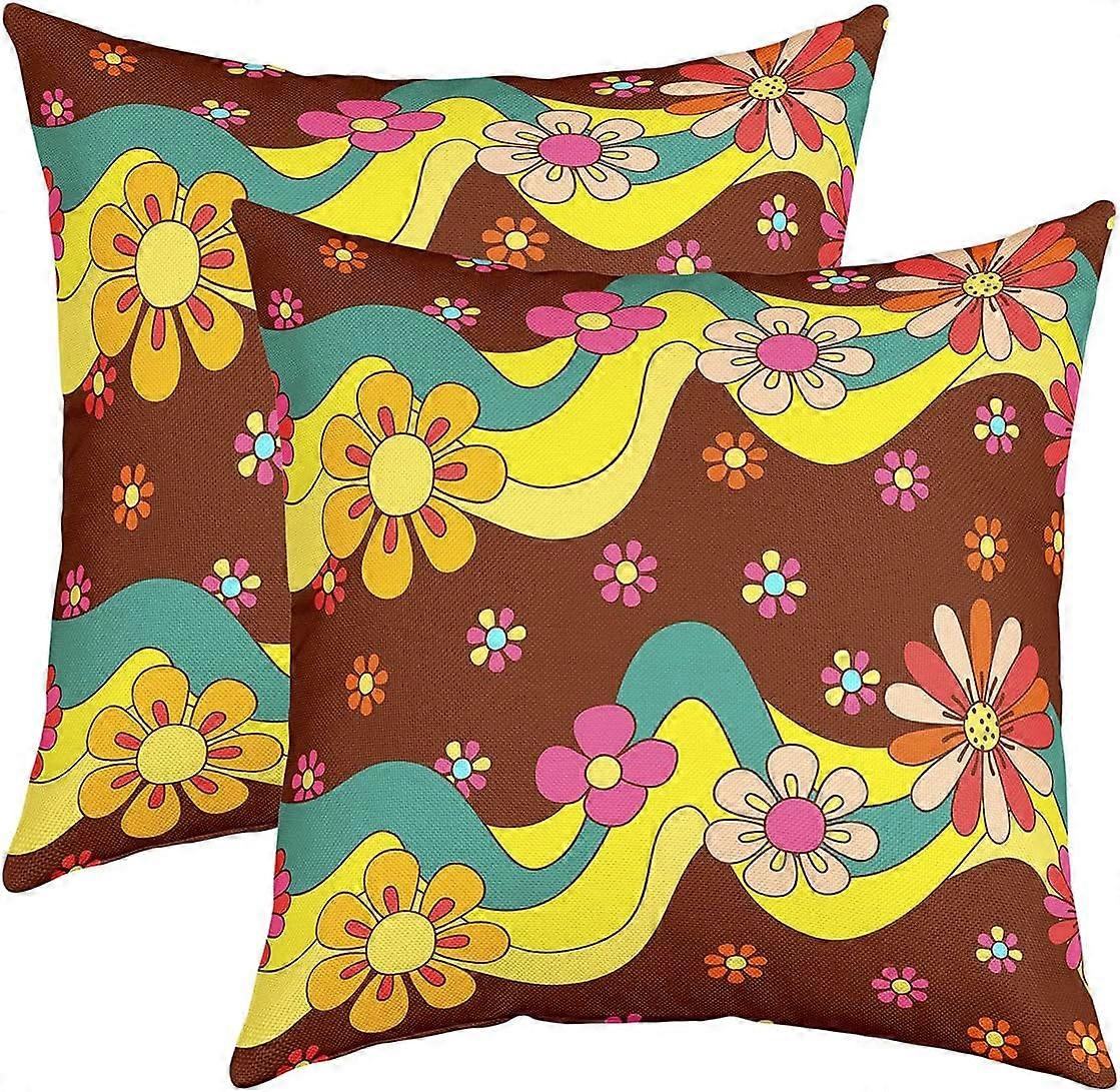 مجموعة من 2 70S Groovy Flowers وسادة يغطي 20x20 مخدر هيبي زهرة رمي وسادة يغطي وسادة رائعة للأزهار حالات للأطفال والفتيات في سن المراهقة ، لطيف بو
