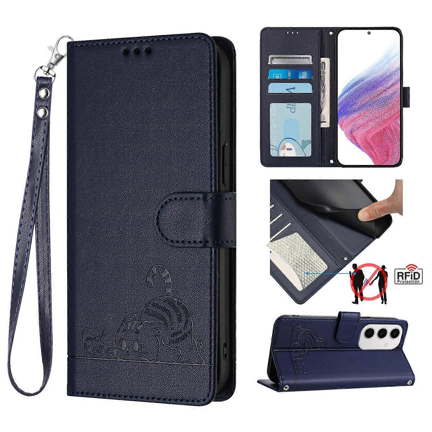 For Samsung Galaxy S24 FE Case with Strap RFID Blocking Leather Wallet Phone Cover Cat Mouse Pattern