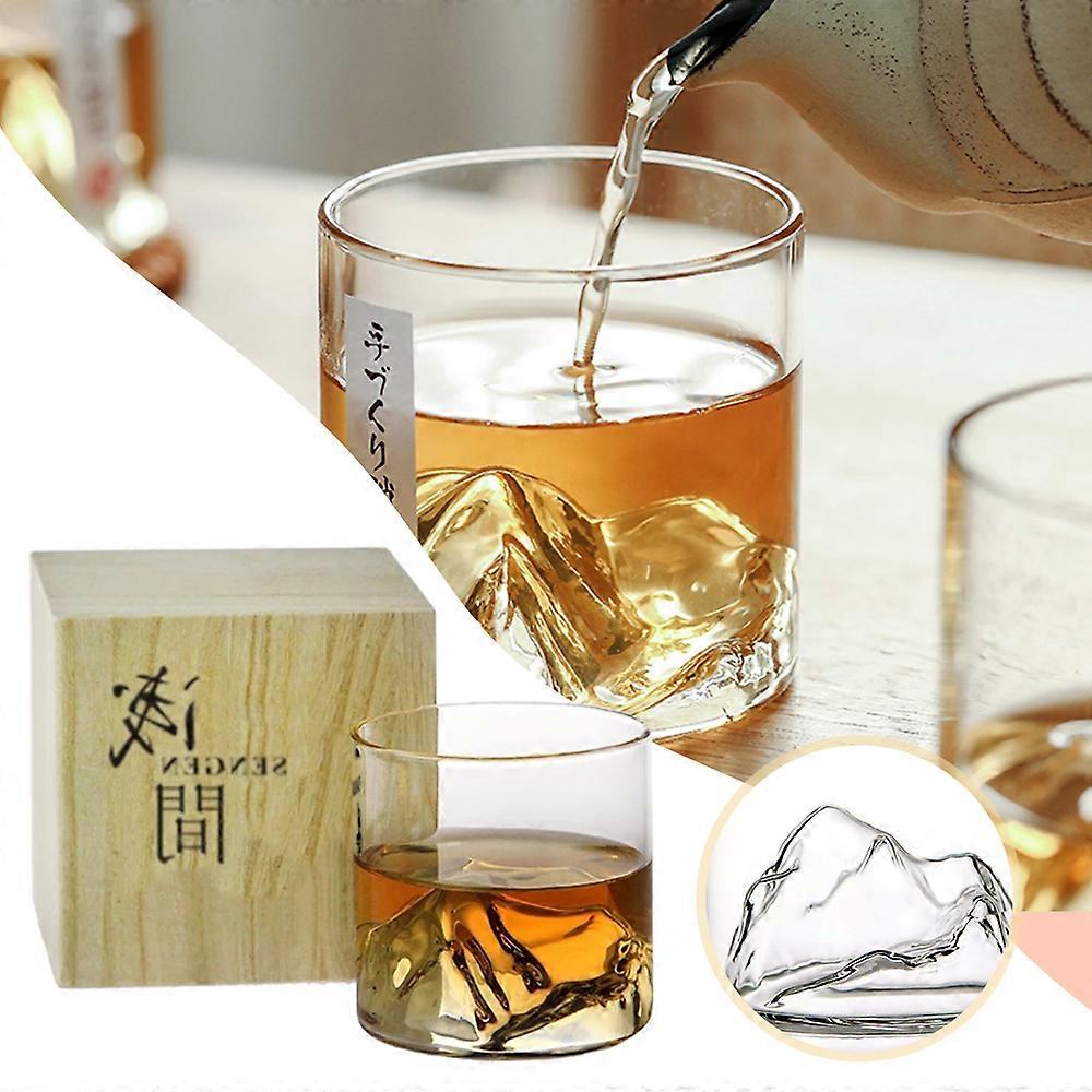 Japanese 3D Mountain Whiskey Glasses, Old-Fashion Crystal Rock Glasses with Wooden Gift Box for Vodka Wine Bourbon Scotch