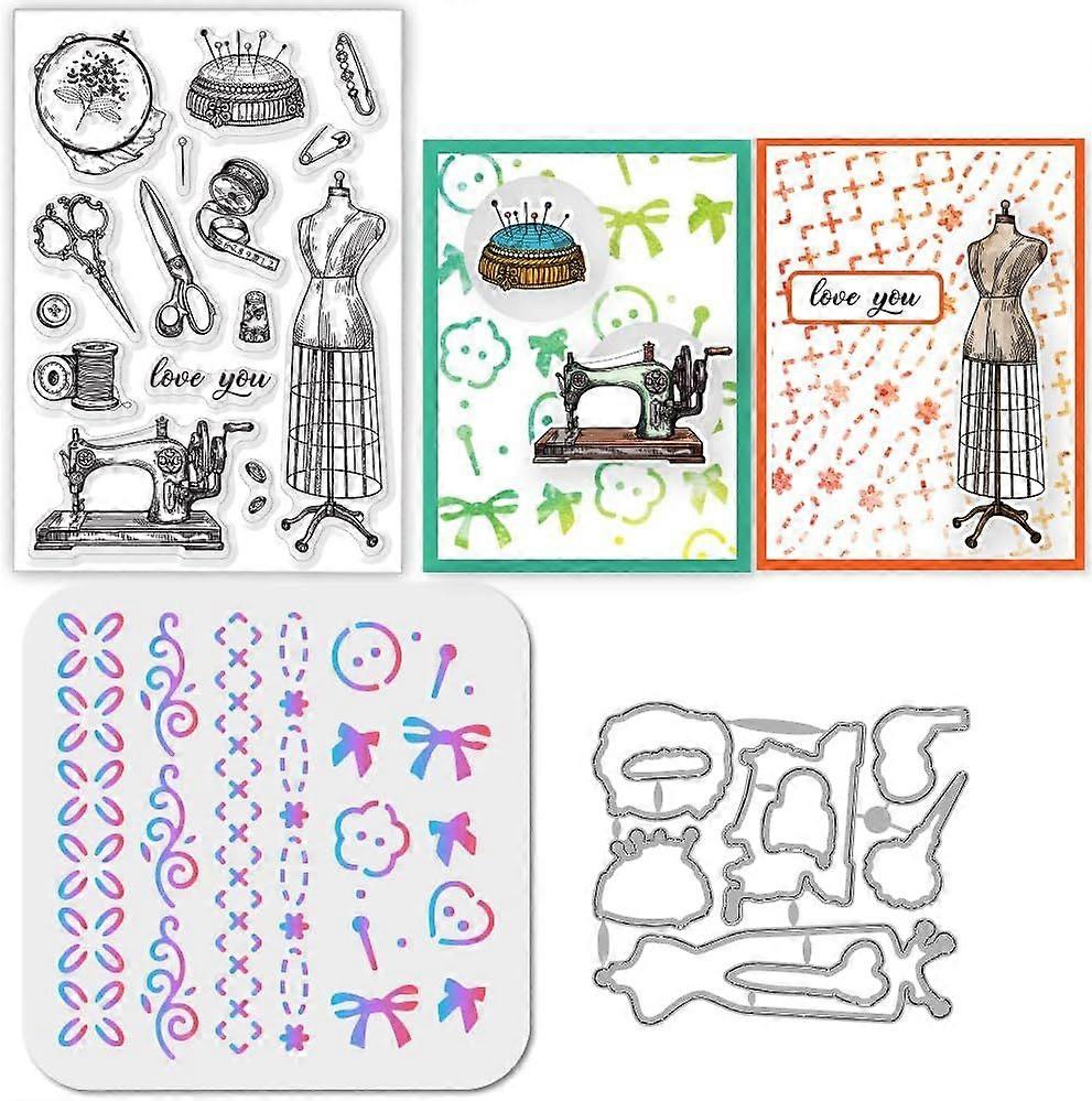 Sewing Thread Background Clear Stamp Needle Work Cutting Die PET Paint Craft Template Stencils Set for Card Making and DIY Embossing Scrapbooking Craf