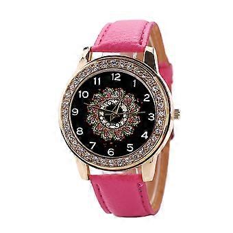 Mode PU Cuir Bande Quartz Montre Chiffre Grand Rond Cadran Strass Montre Femme (Rose Rouge)