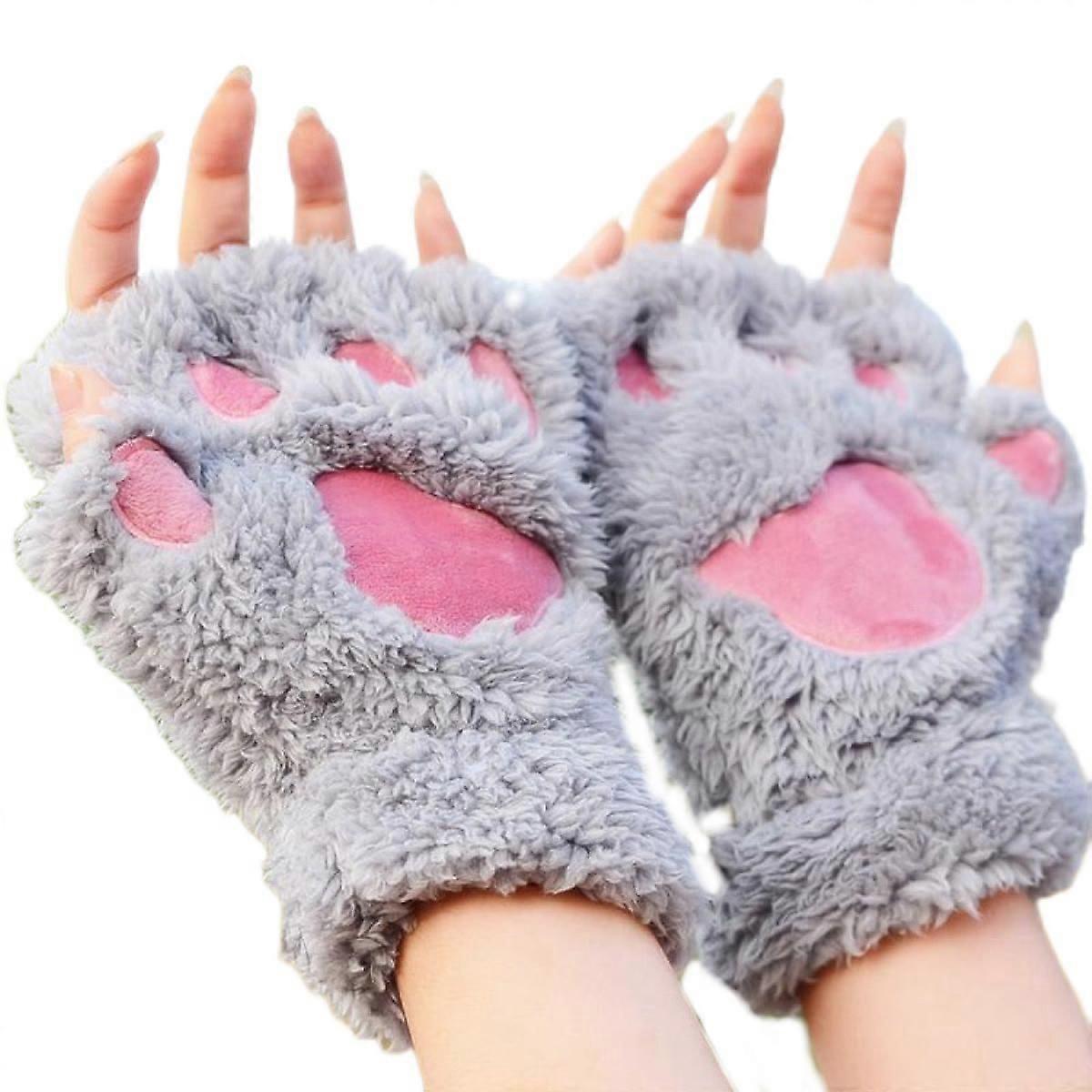 Cat Bear Plush Claw Paw Mitten Soft Winter Gloves Costumegrey