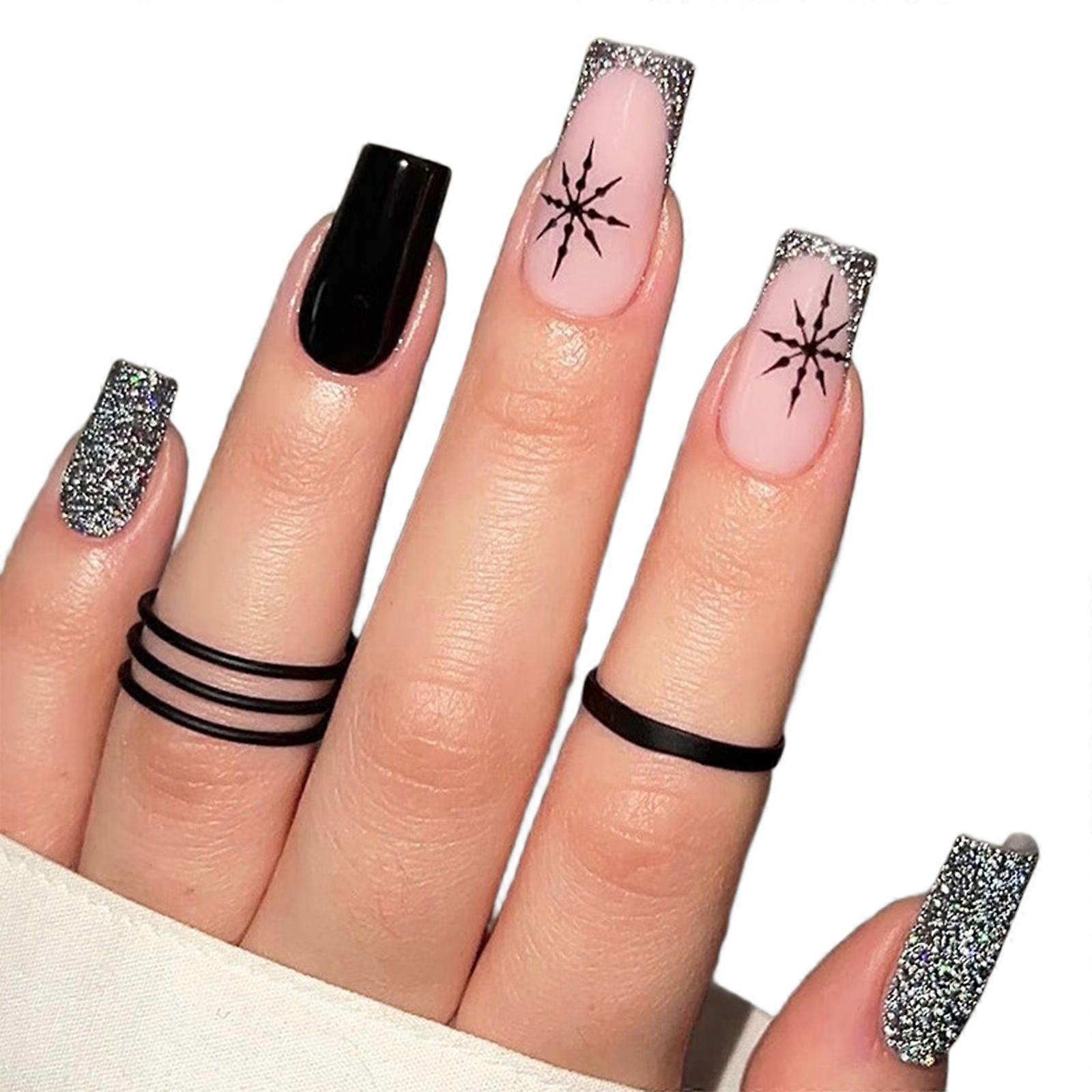 Festive Stick on Nail Long Square French Tip Press on Nail with Sparkling Snowflake Designs for Parties and Daily Wear