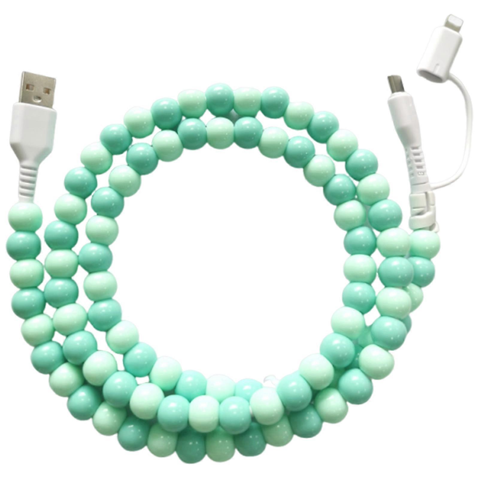 Flexible 2 in 1 Charging Cord with Color Beads Decoration Fast Charging Cable for Phone 15 Pad Tablets Devices Light green plus gre