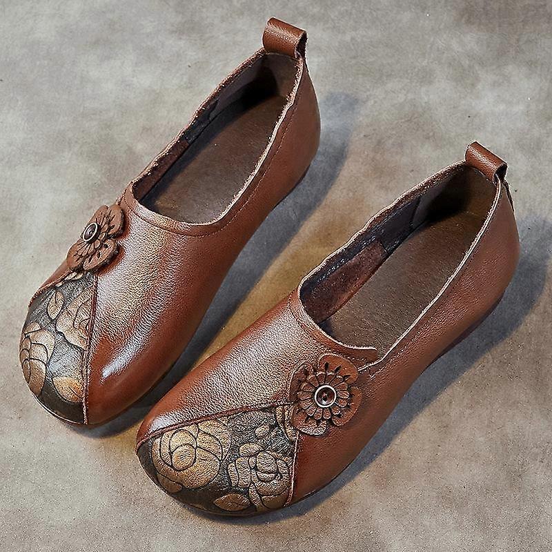 Johnature Ethnic Style Genuine Leather Women's Slip-on Shoes Retro Printed Handmade Soft Sole Flat Shoes