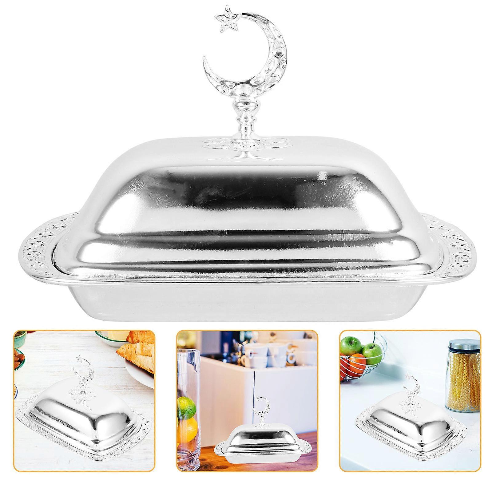 Butter Dish With Lid Food Preservation Serving Tray European Retro Style Silver 19.80X13.80X12.80CM Covered Storage 1Set