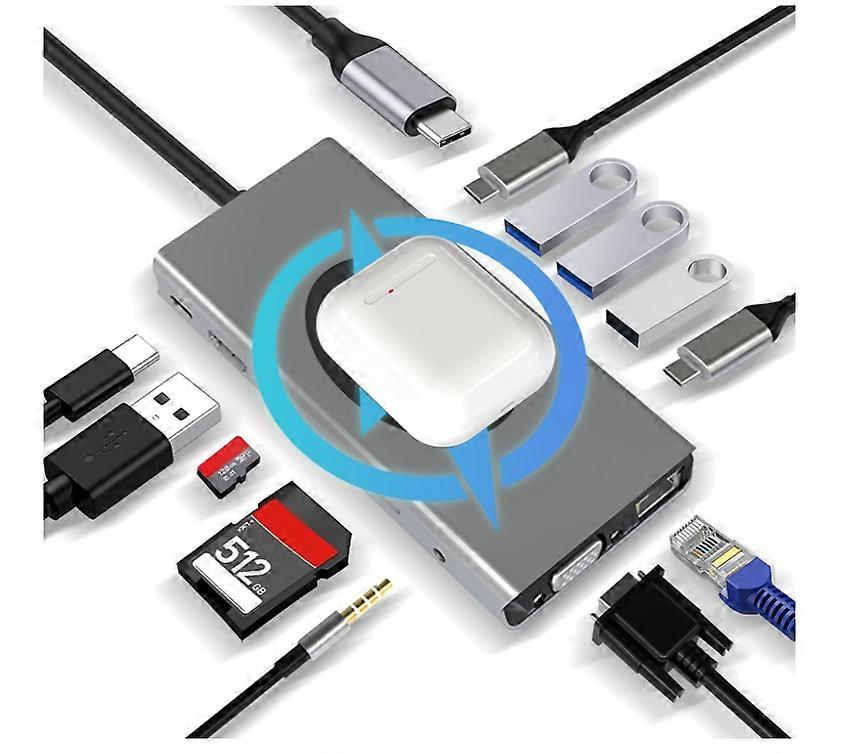 USB C HUB 13 in 1, 4K-HDMI, VGA, RJ45 Ethernet, 2USB3.0, USB C 3.0&2.0, PD 100W, SD/TF & 3.5mm AUX, Kompatibel mit MacBook Pro & Andere Laptops(Grey)
