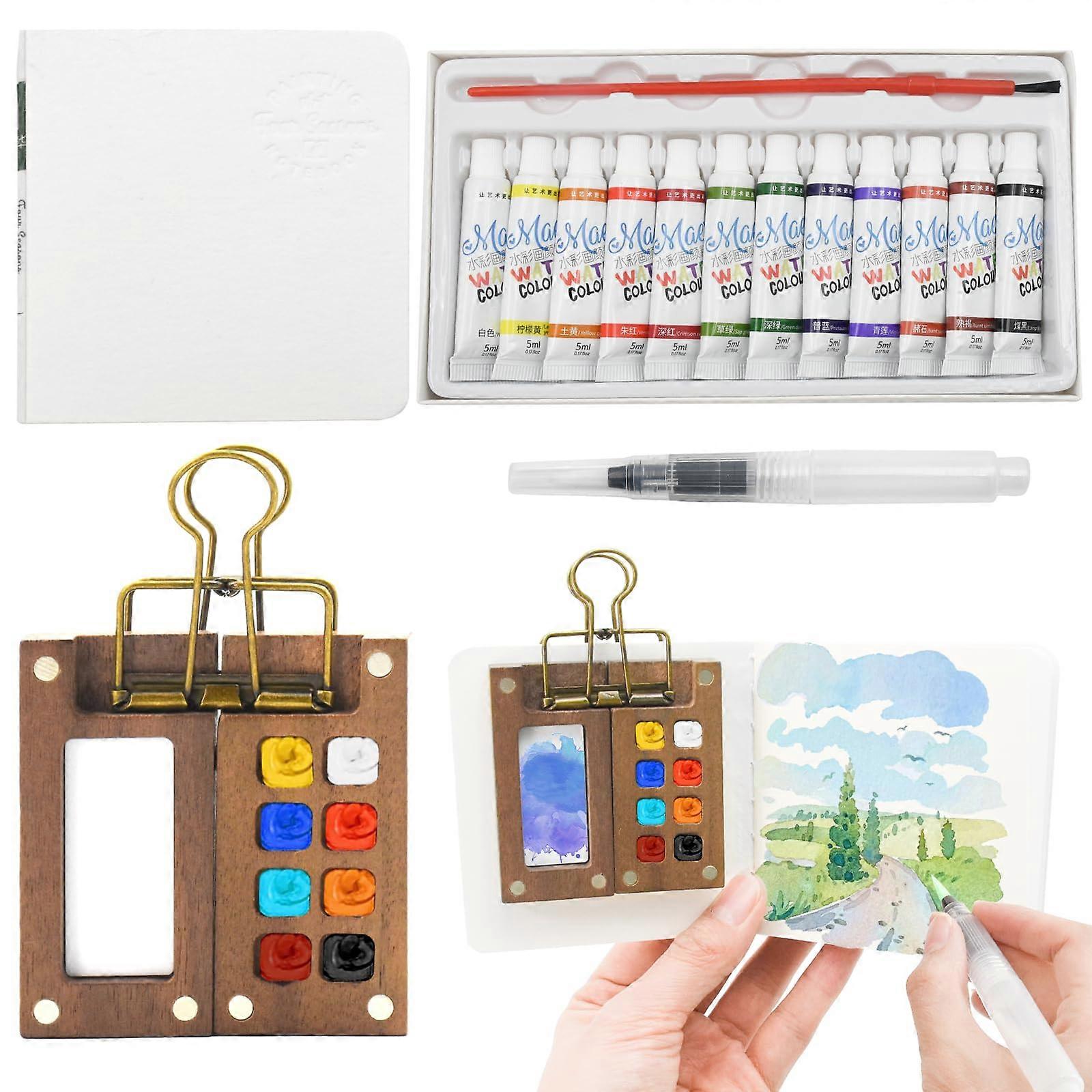 Pocket Watercolor Palette With 12 Colours And Brush, Travel Art Kit Walnut
