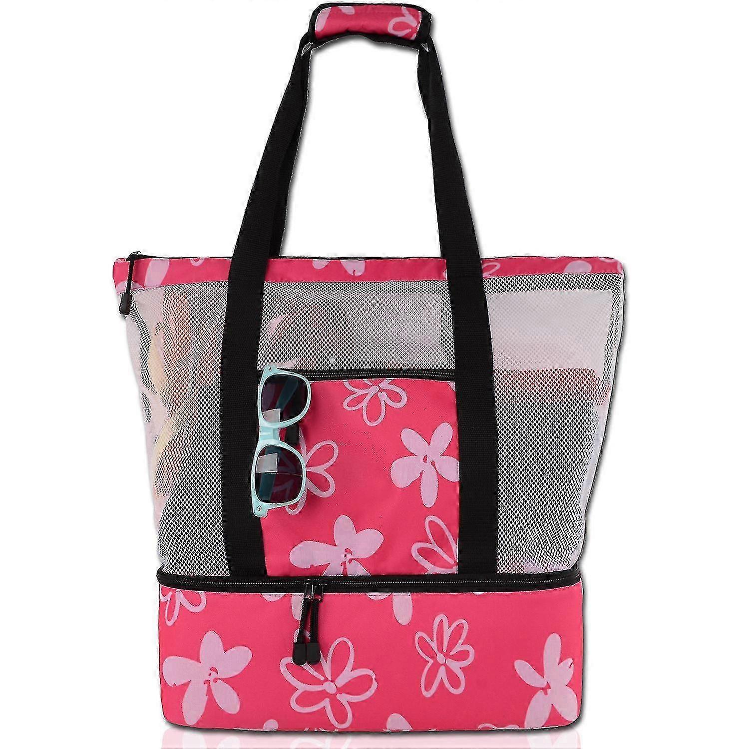 Beach Tote with Cooler Mesh Bag for Ladies - Ideal for Pool, Picnic, Camping Trips, Red