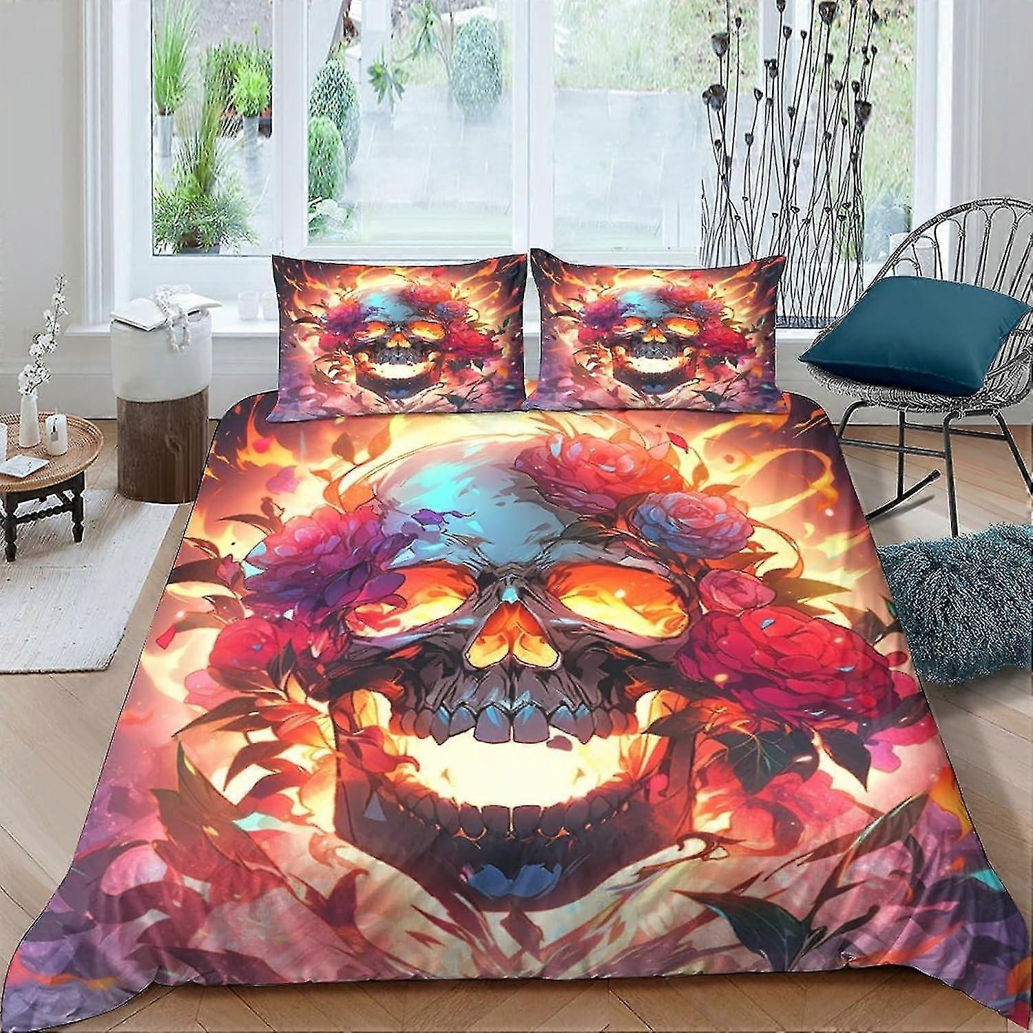 Gothic Style Skull Duvet Cover Set, 3D Microfiber Bedding Set with Pillow & Zipper, Soft 3 Pcs for Children and Adults Double