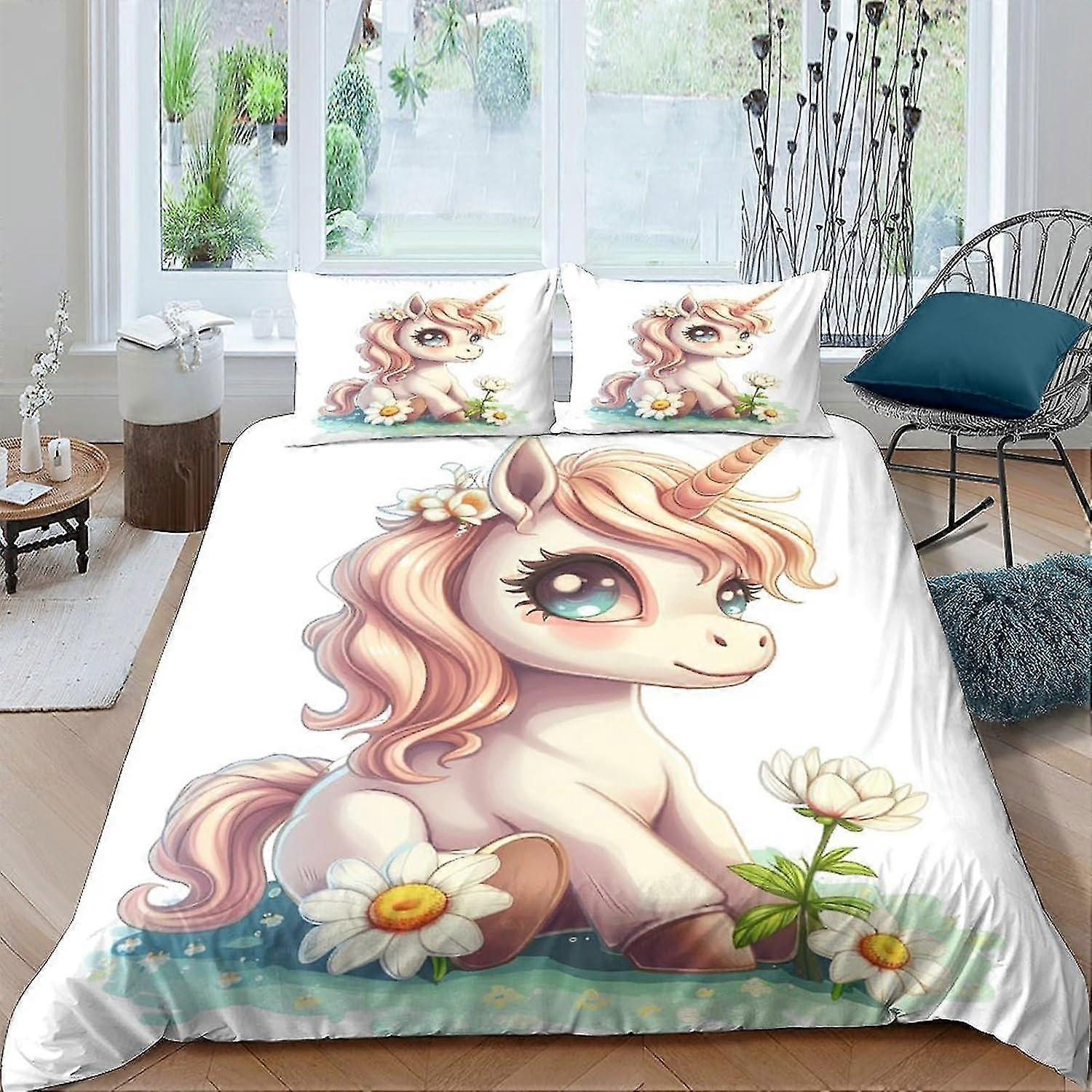Rainbow Unicorn Quilt Cover for Kids 3D Printed Anime Style Bedding Set with Pillow Cases Soft Microfiber
