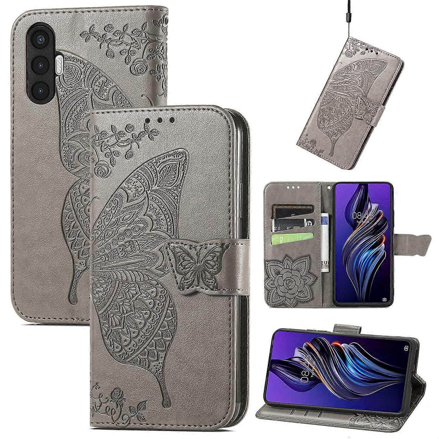 Luxury Butterfly Crossbody Bag for Tecno Pova 3 4 Pro Spark 9 Pro Leather Case, Magnetic Anti-Drop Protection, Grey
