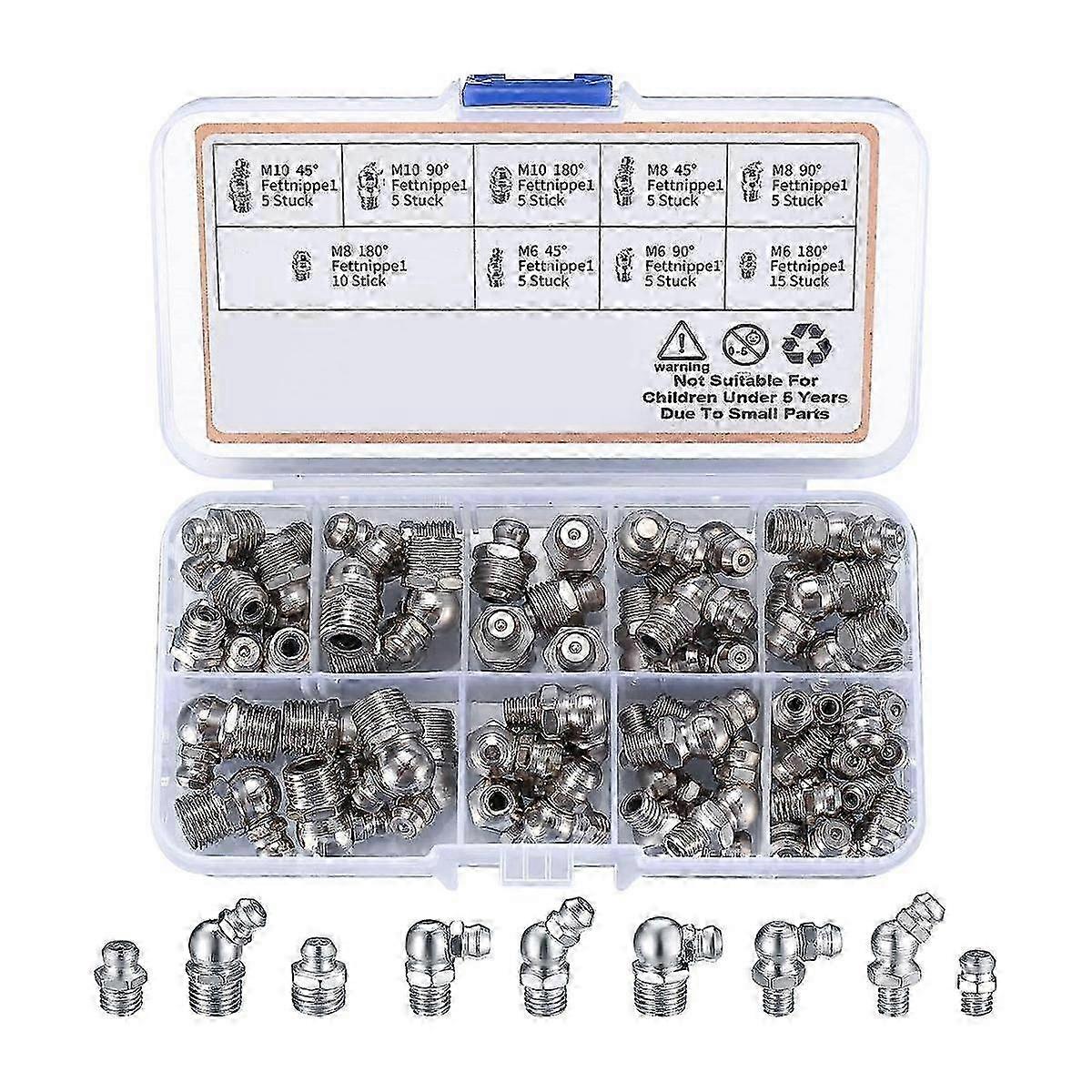 Metric Grease Fittings Kit with 60 Pcs Assortment, M6, M8, M10 45 & 90 Degree Zerk Fittings for Hydraulic Grease Application