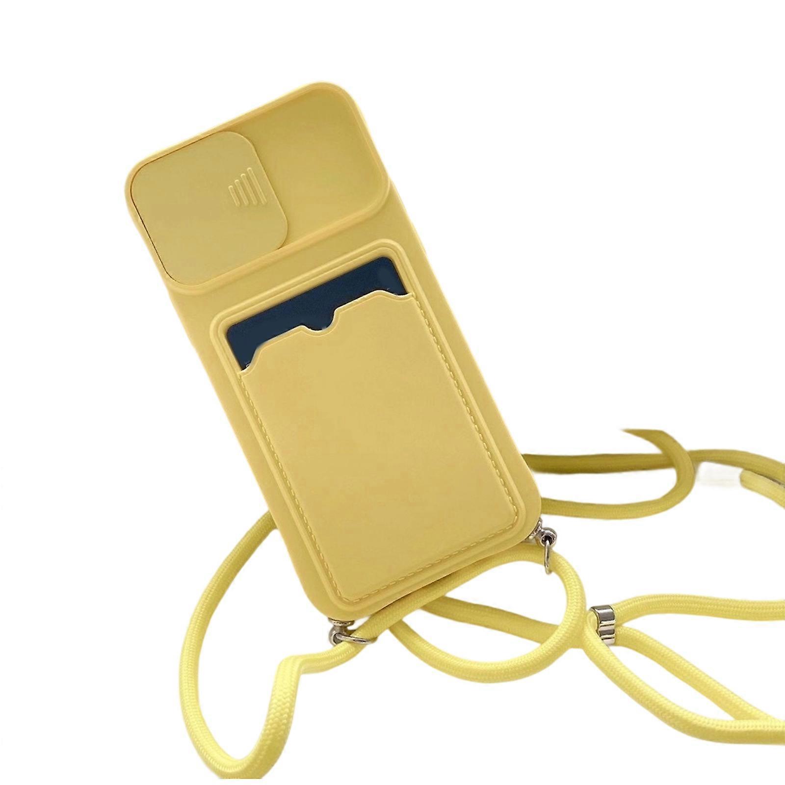 Push Pull Camera Cover Silicone Case For Phone 15 With Builtin Card Slot And Adjustable Crossbody Strap Yellow