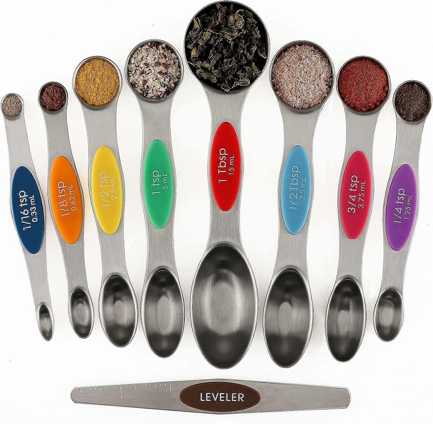 Magnetic Measuring Spoon Set, 9 , Stainless Steel, Double-Sided, Stackable, Teaspoon