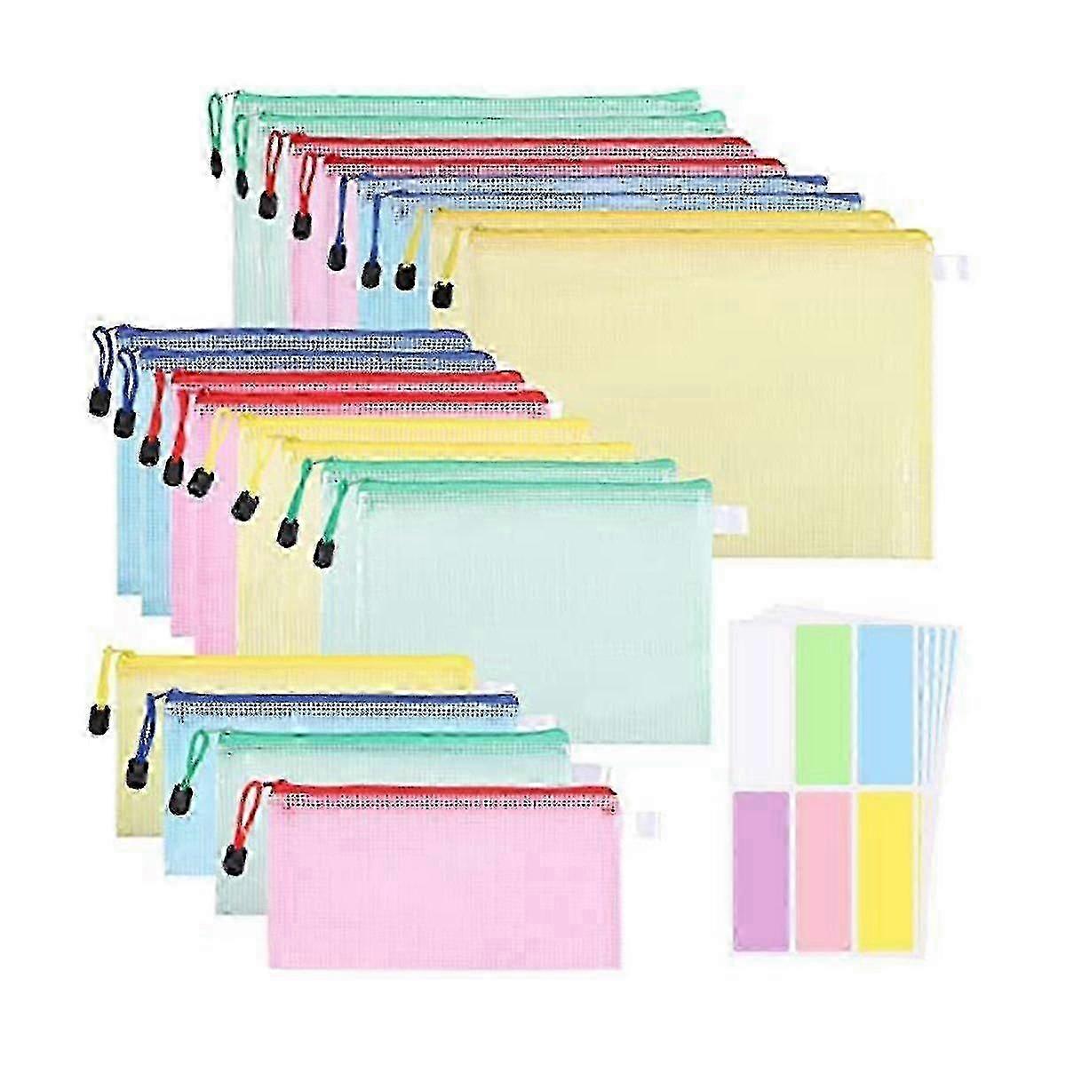 20 Pack Multicolor Plastic Zip Document Bags - A4, A5, A6 Mesh Zipper Pouch File Folders for Organizing & Storage