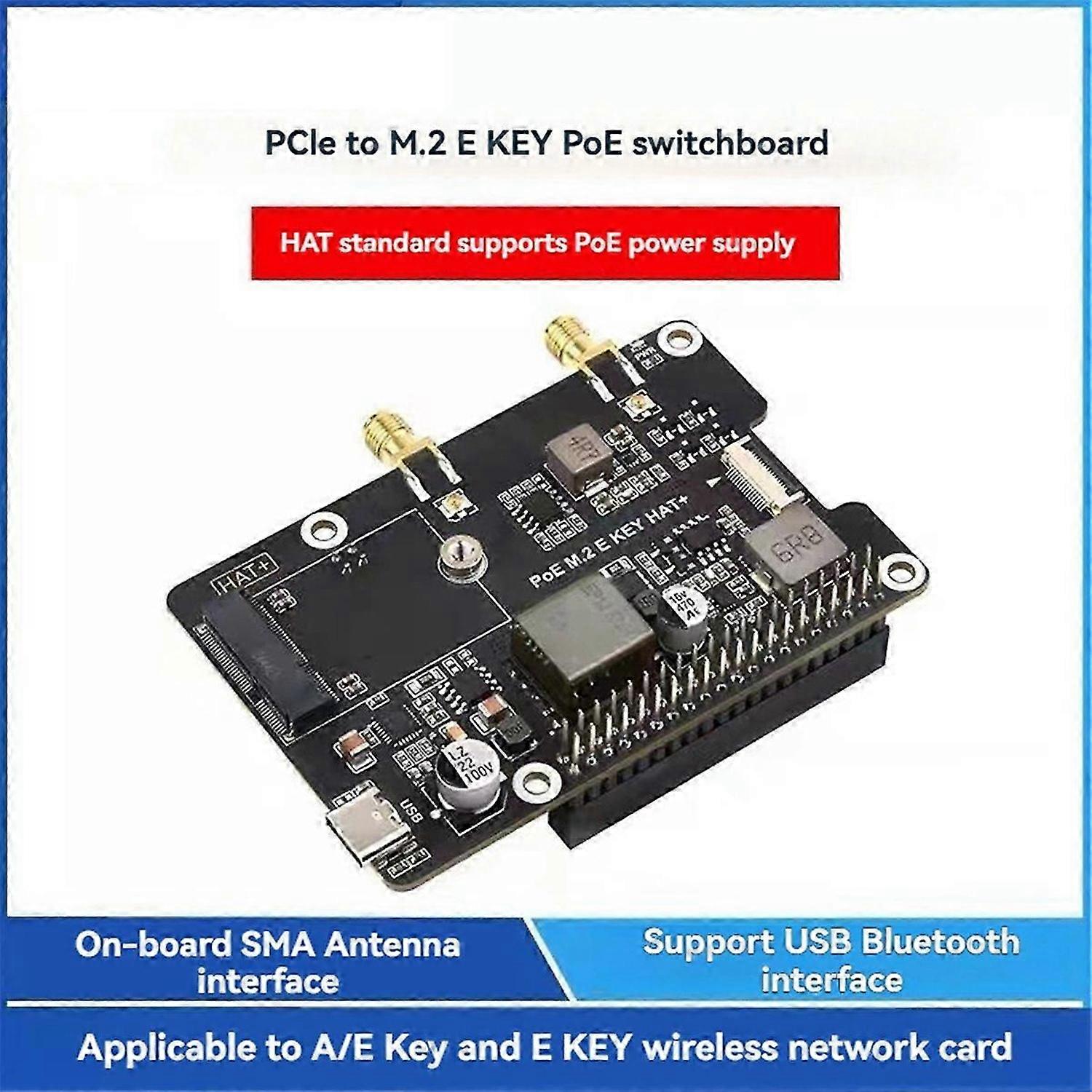 For Raspberry Pi 5 PCIe to M.2 E KEY with PoE HAT+ Expansion Board