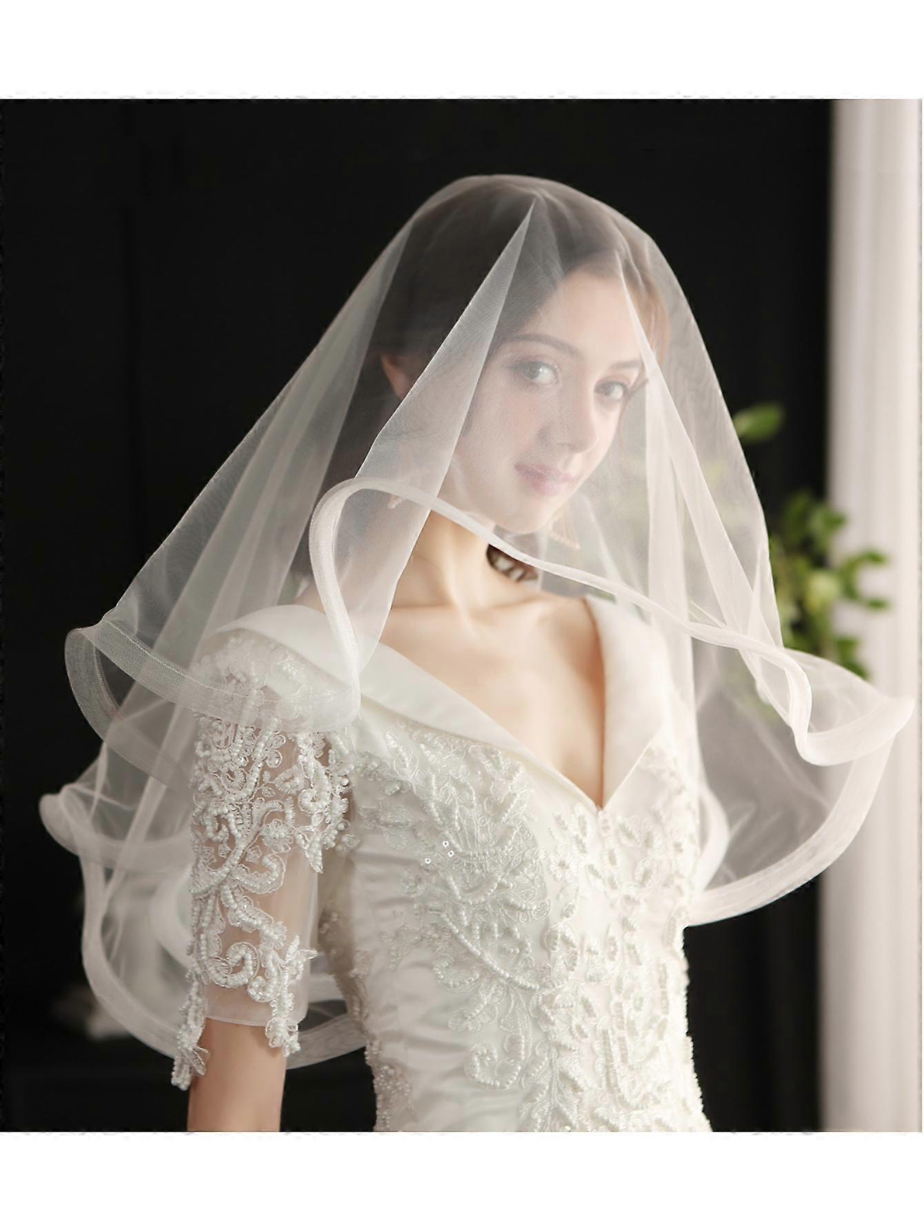 Double-layered edge bridal veil, retro style with metal comb, elastic tulle for weddings