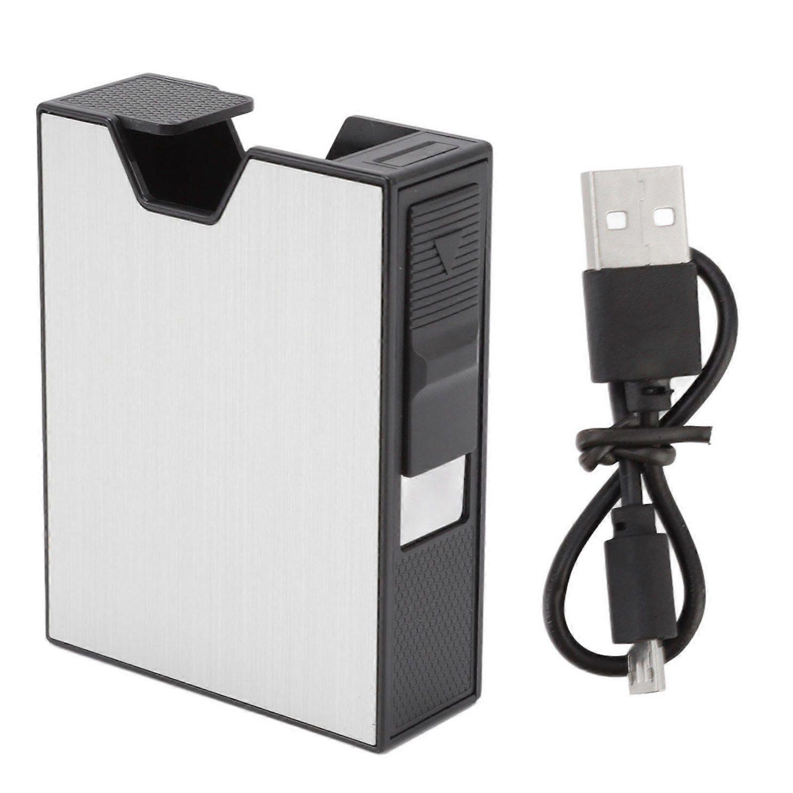 Rechargeable Cigarette Case with Lighter for 20pcs Windproof Tungsten Wire Lighters Cigarette Box Silver