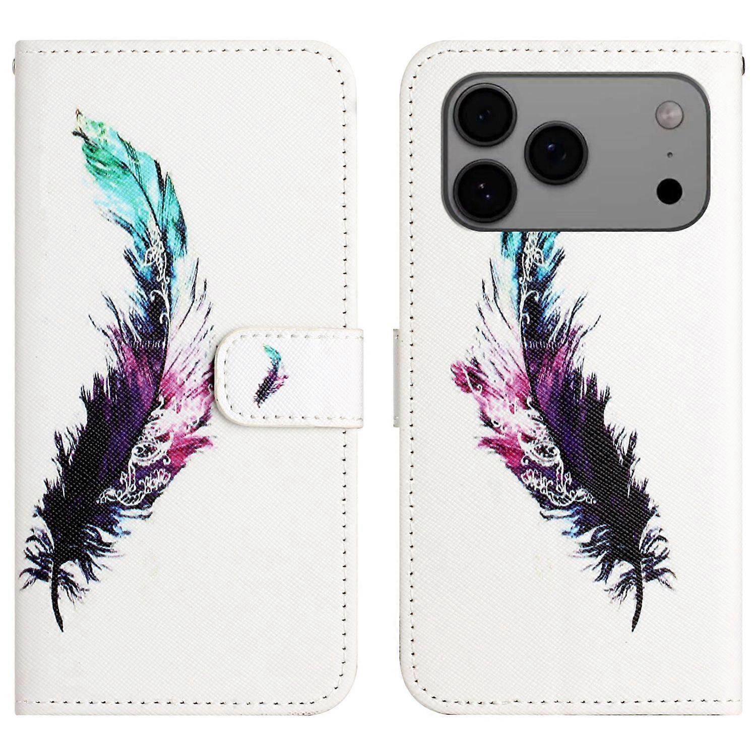 For iPhone 17 Pro Max Case Pattern Print PU Leather Wallet Phone Cover Cross Texture - Feather