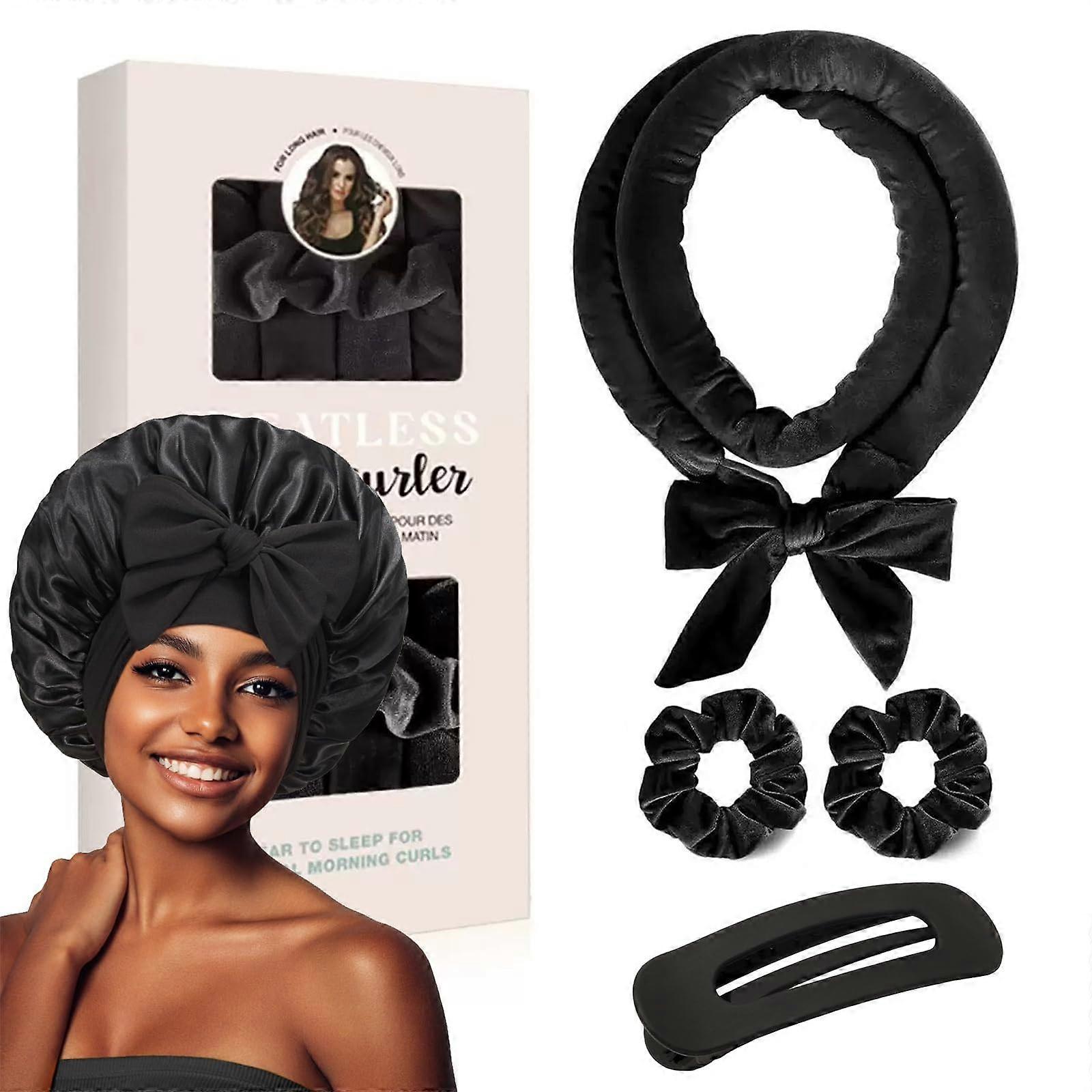Silk Bonnet 5Pack Adjustable Satin Night Cap With Elastic Band For Women Curly Hair Scrunchies And Clip Black