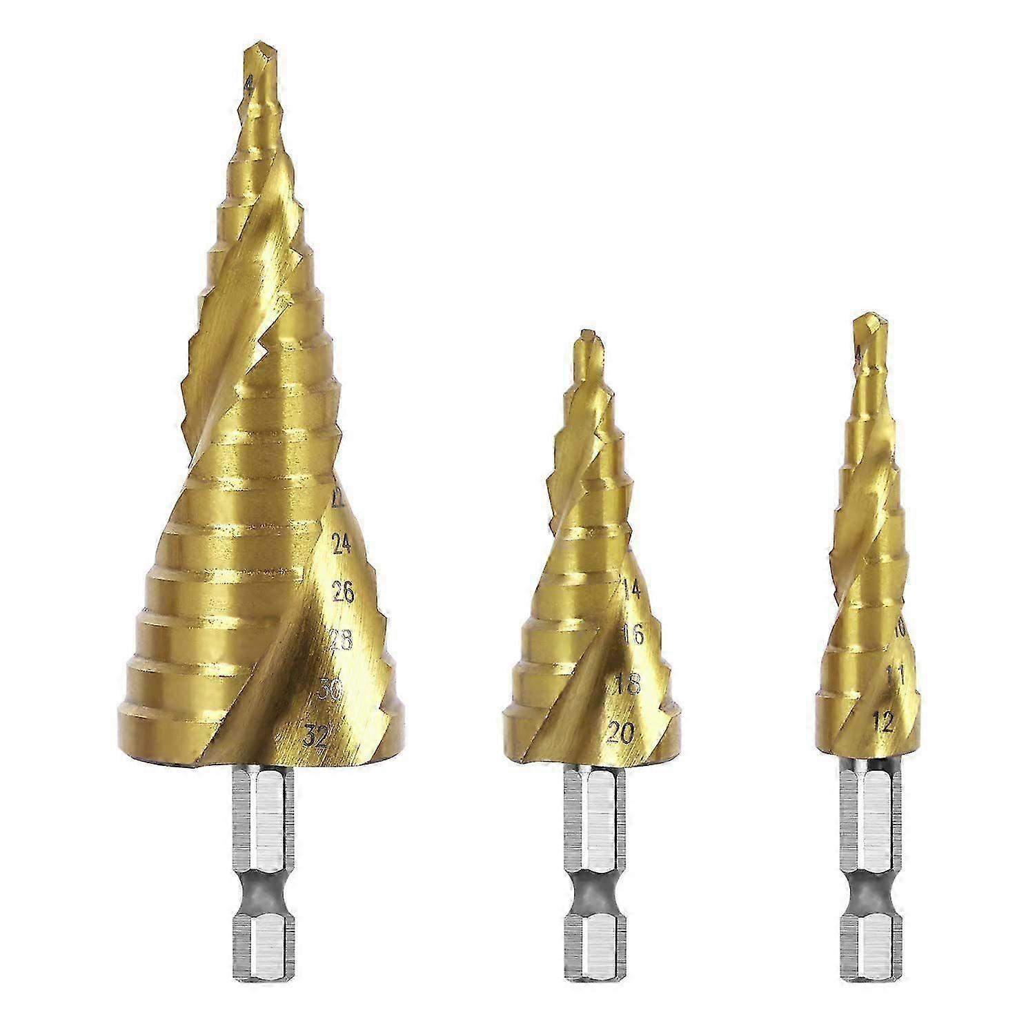 Metal Step Drill Bits, HSS Conical Drill Bit with Hexagon Triangle Shank for Metal/Wood/Plastic Pack of 3 Pcs 4-12/4-20/4-32mm