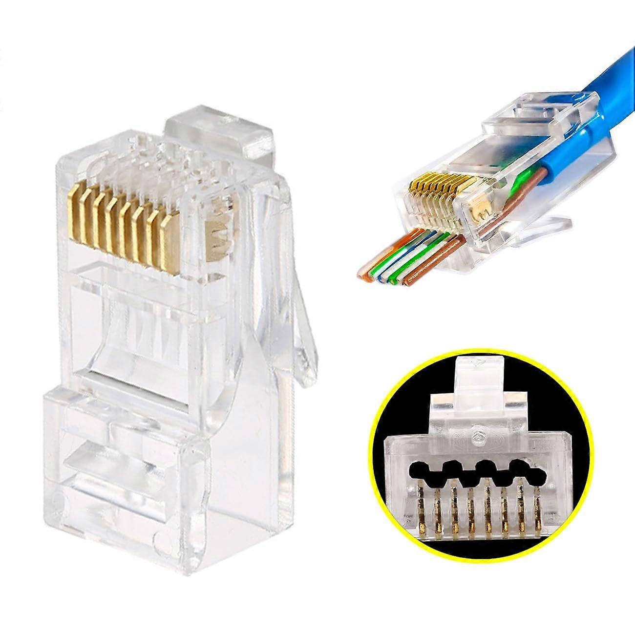 50X 23AWG Cat6a PassThrough Connector GoldPlated 8P8C Ethernet Modular Plug UTP for Unshielded Twisted Pair Wire