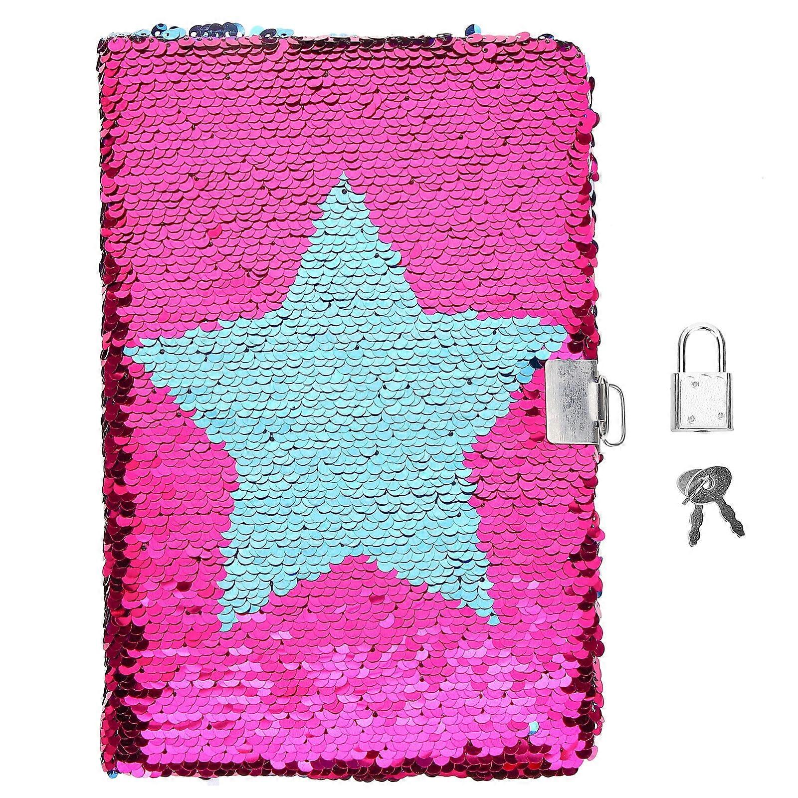Reversible Sequin Journal with Lock and Key Star Sequins Diary Writing Notepad