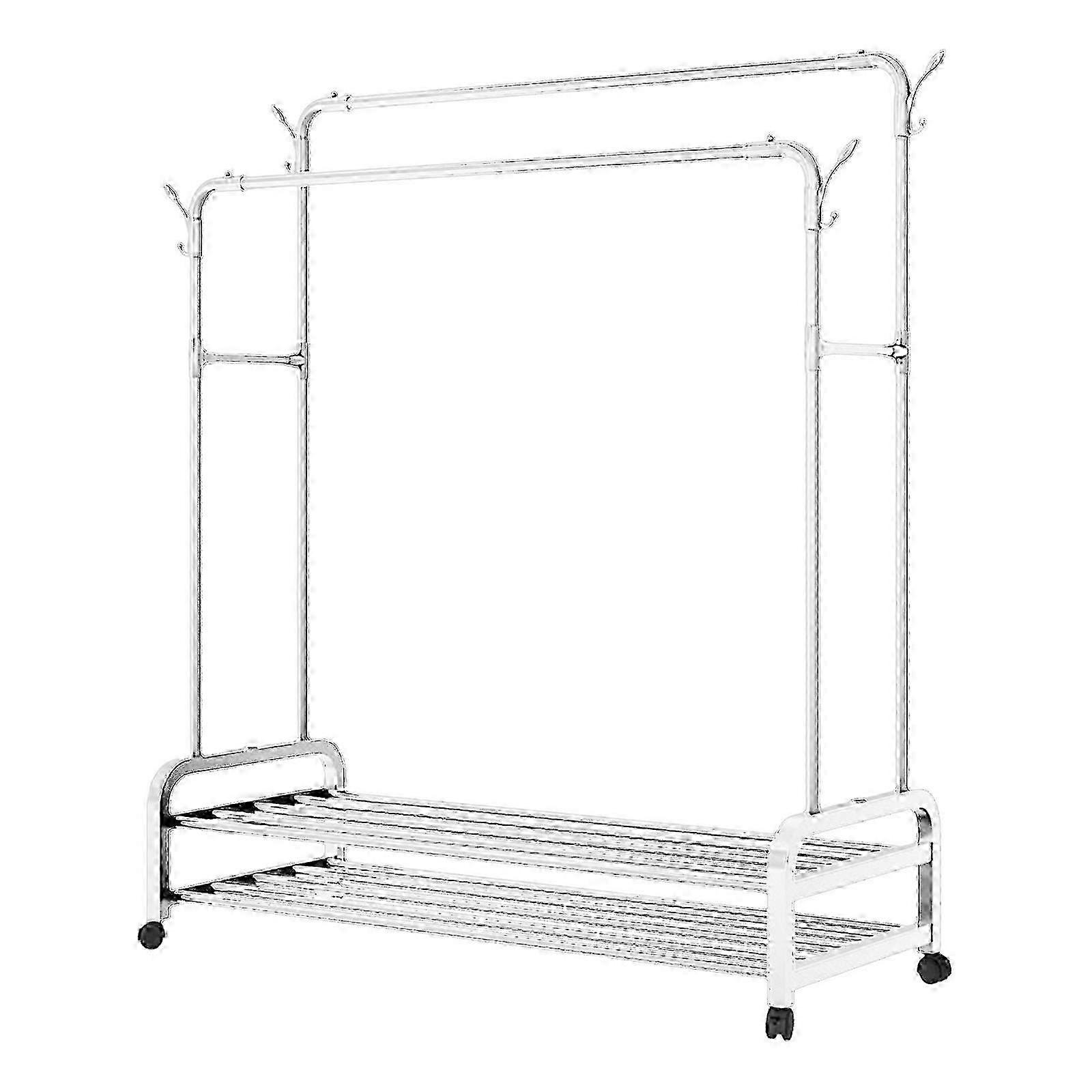 Freestanding Clothes Storage Rack with Multiple Hanging Rods and Bottom Storage Shelf for Household Organization White z