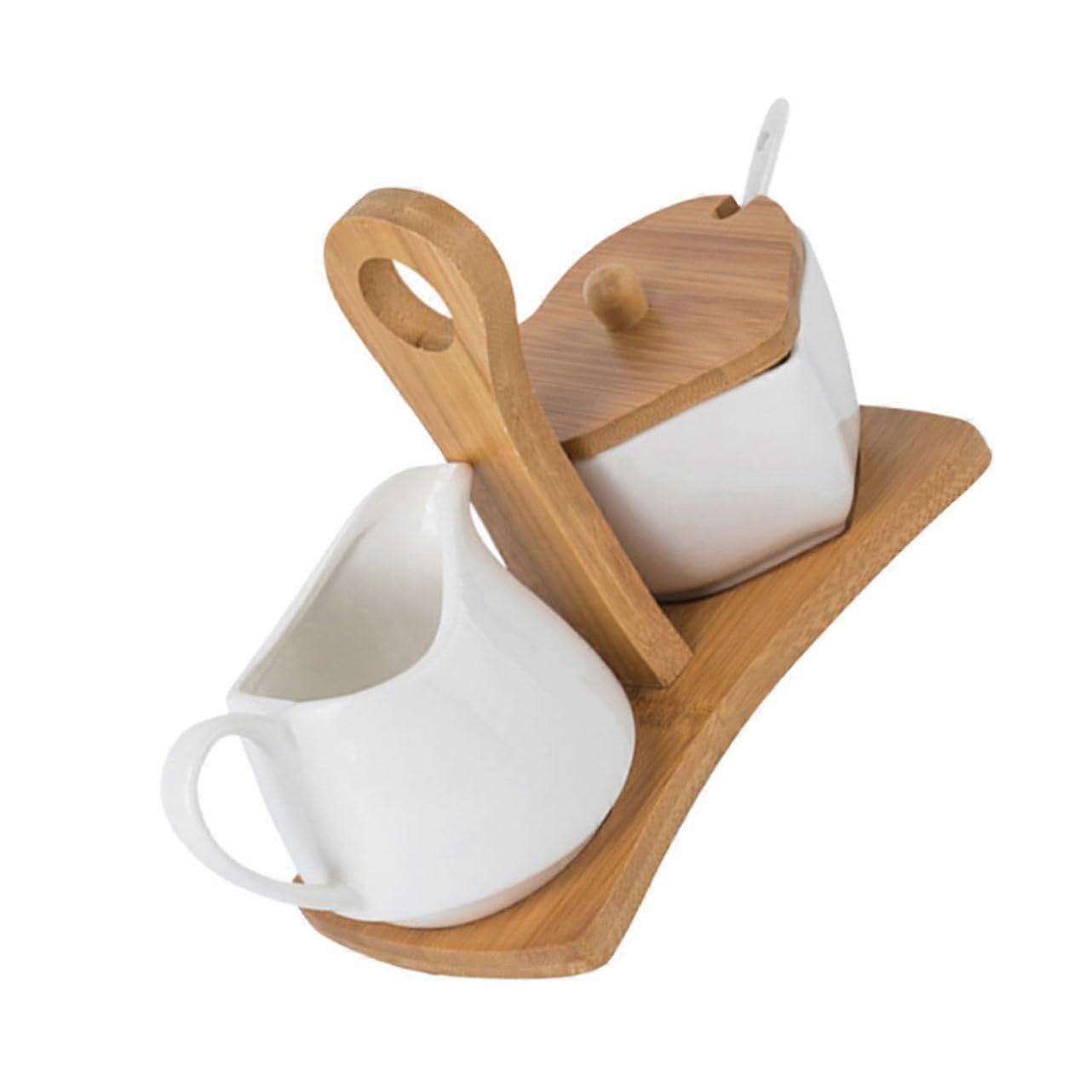 Ceramic Sugar and Cream Set with Bamboo Handle, White Porcelain Jar with Spoon for Kitchen Dining