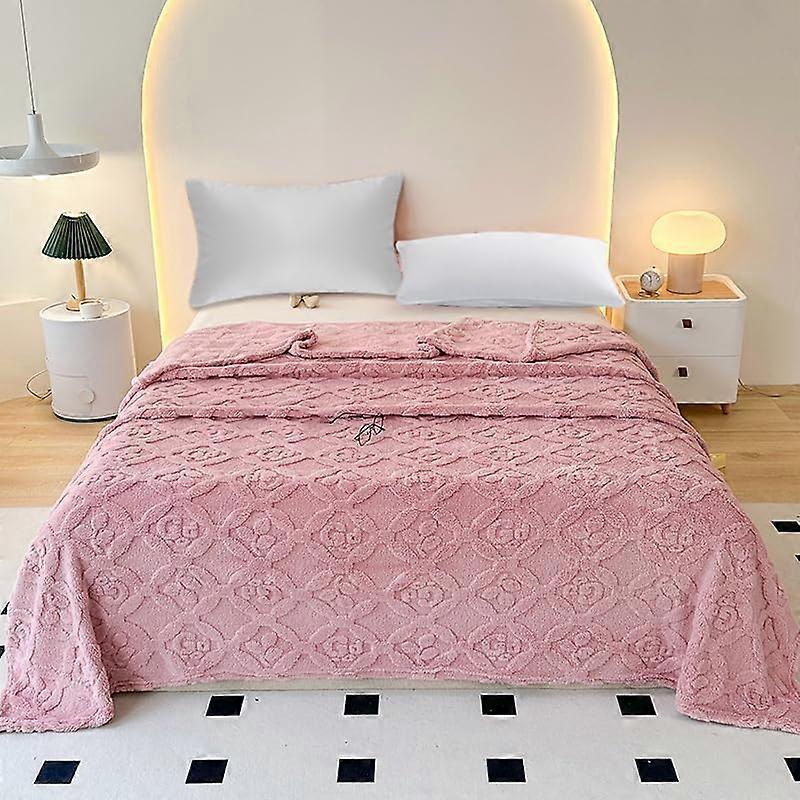 Pink Flannel Throw Blanket 40'x48' Plush Warm Four Leaf Print Fleece for Sofa and Bed