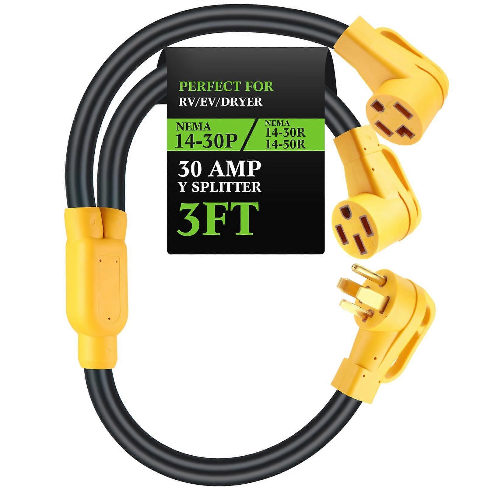 30 Amp Dryer Outlet Splitter NEMA 1430P to 1450R Adapter for EV RV Charging, 3ft Yellow 10 AWG