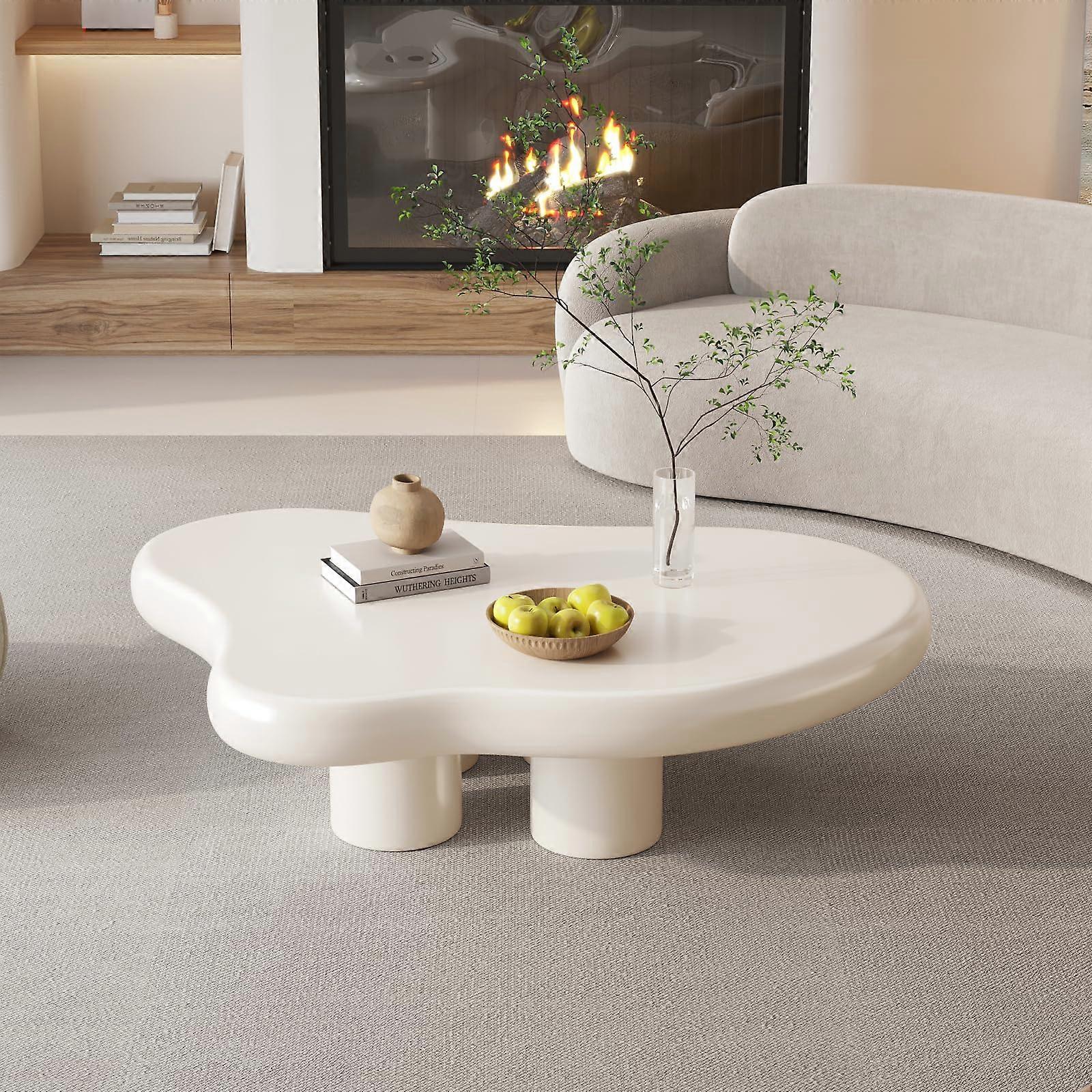 Cloud Coffee Table with Tempered Glass Surface, White Irregular Shape, Durable Metal Frame for Living Room