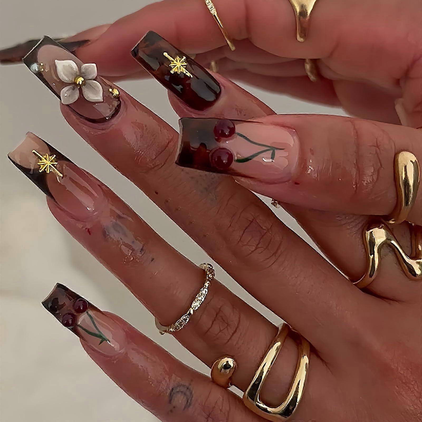Brown French Tip Press On Nails Medium Square Fake Nails with 3D Floral Cherry Design Reusable